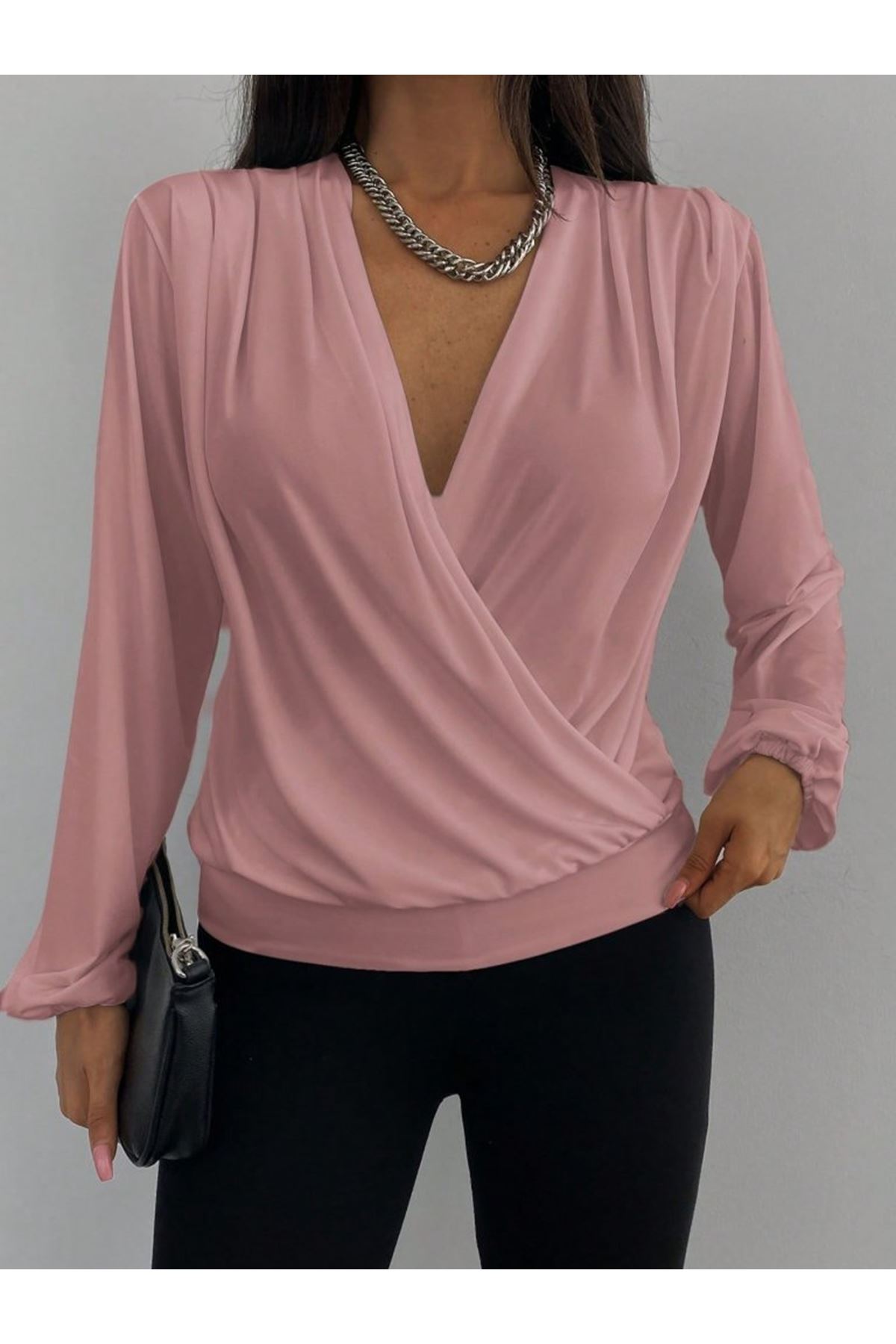 Kadın Uzun Kollu Kruvaze Yaka Sandy Bluz