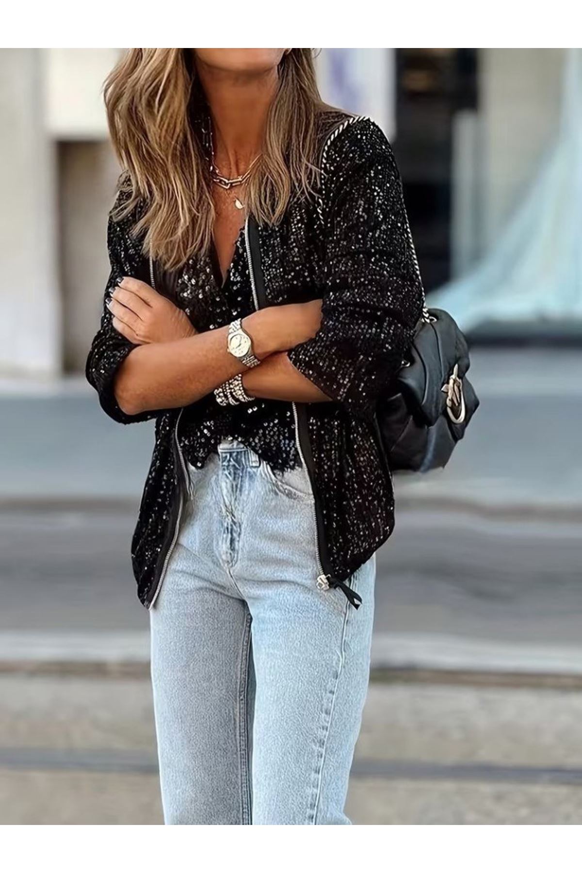 Kadın Uzun Kollu önü Fermuarlı Kısa Pulpayet Ceket