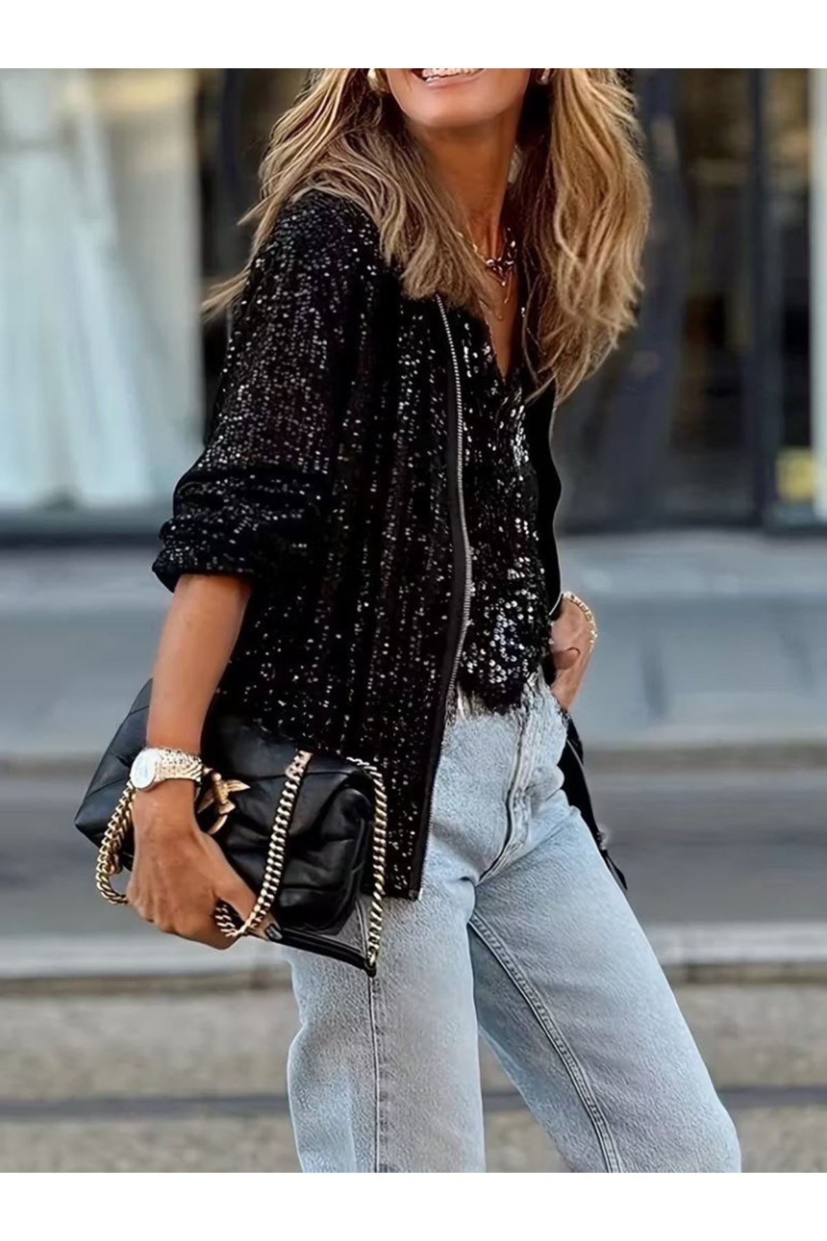 Kadın Uzun Kollu önü Fermuarlı Kısa Pulpayet Ceket