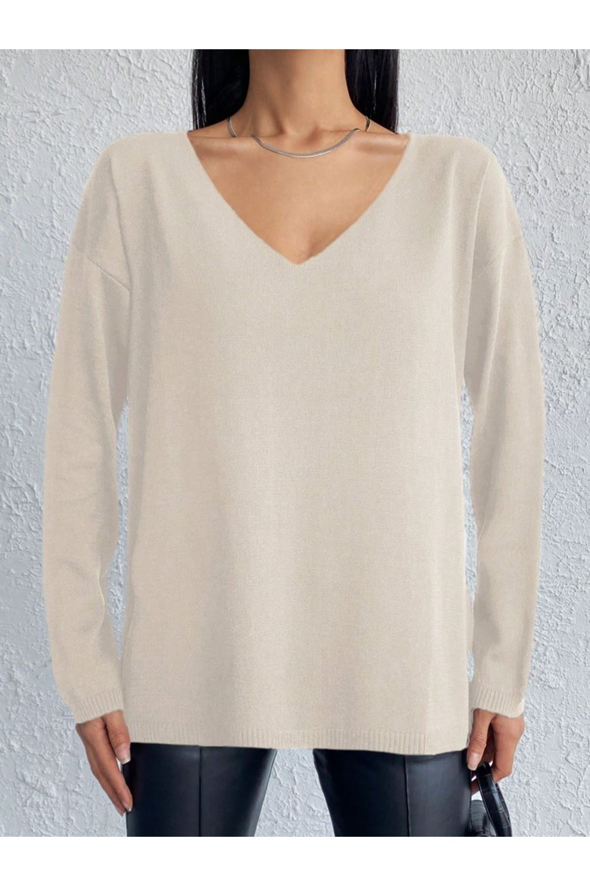 Kadın Uzun Kollu V Yaka Triko Bluz