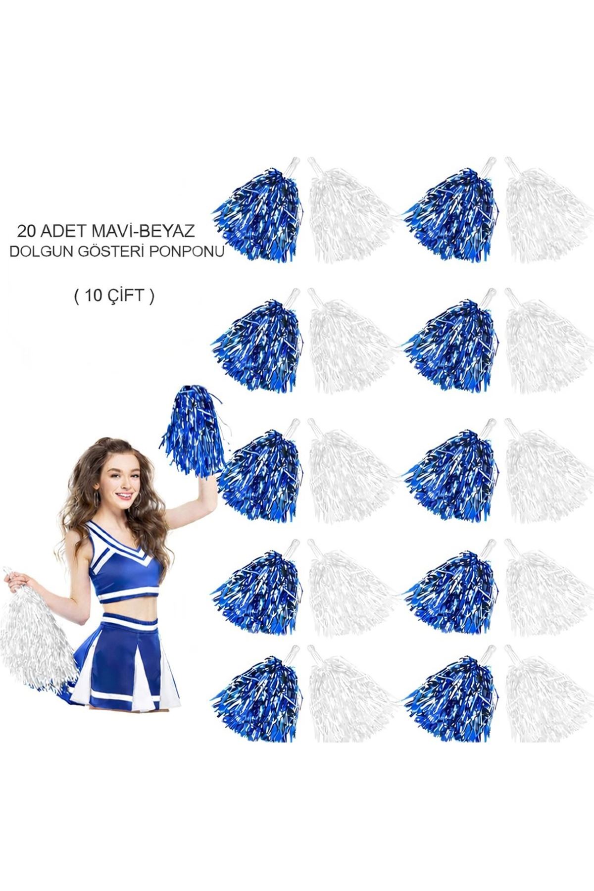Mavi - Beyaz Metalik Dolgun Gösteri Ponponu 20 Adet (10 Çift)