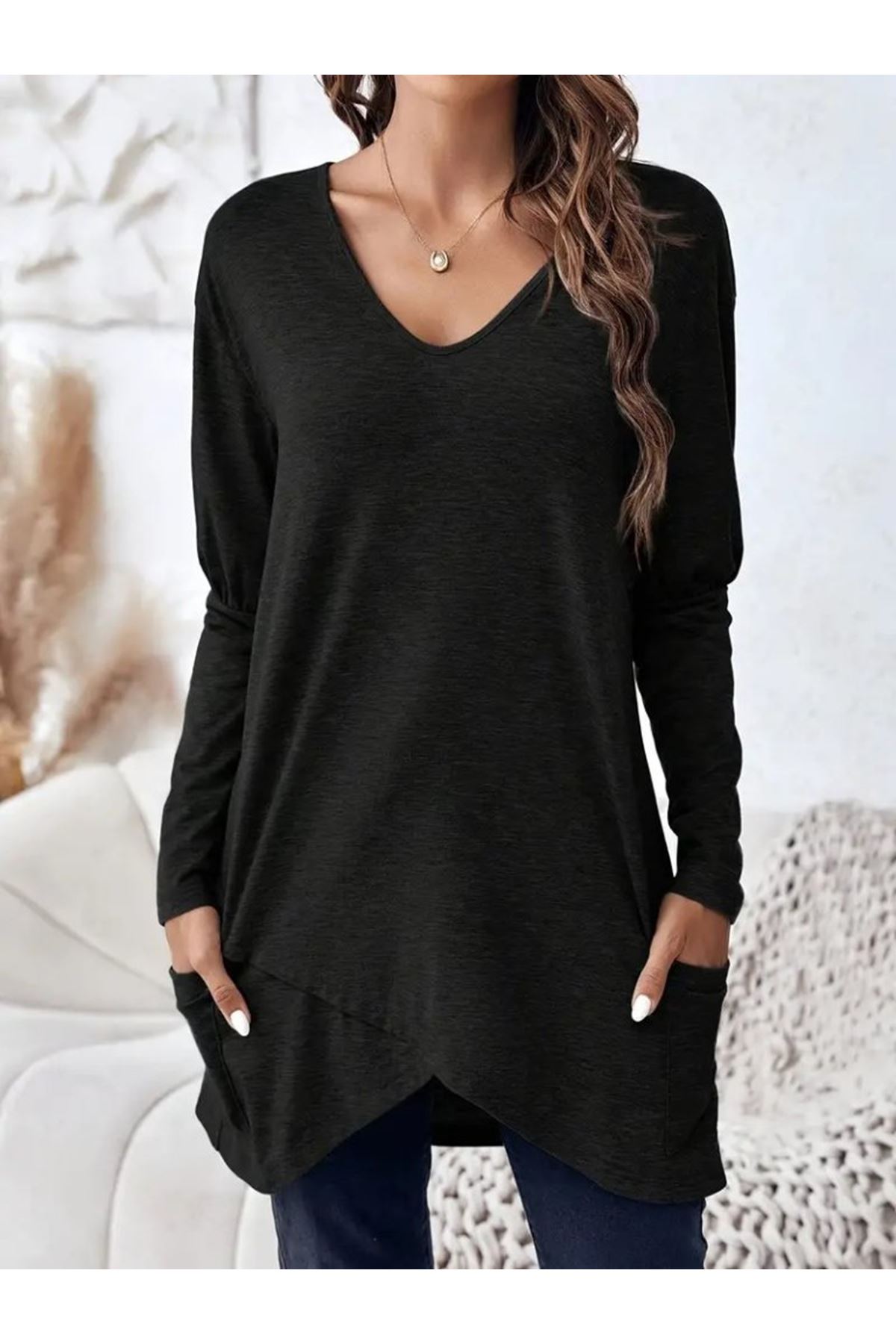 Kadın Uzun Kollu Derin V Yakalı Asimetrik Kesim Cepli Detay Yün Viskon Iki Iplik Bluz