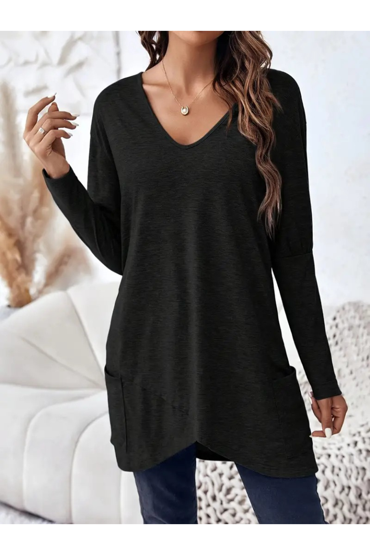 Kadın Uzun Kollu Derin V Yakalı Asimetrik Kesim Cepli Detay Yün Viskon Iki Iplik Bluz