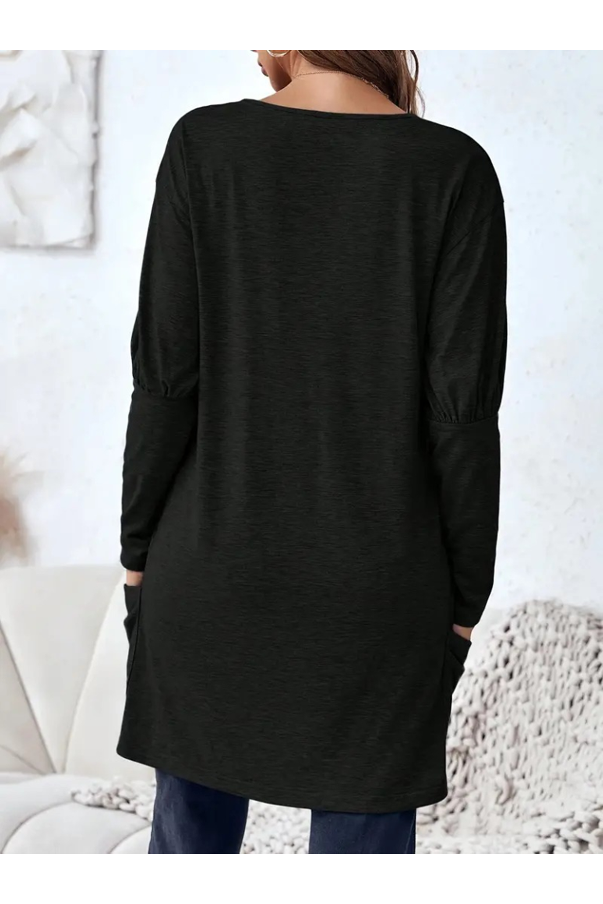 Kadın Uzun Kollu Derin V Yakalı Asimetrik Kesim Cepli Detay Yün Viskon Iki Iplik Bluz
