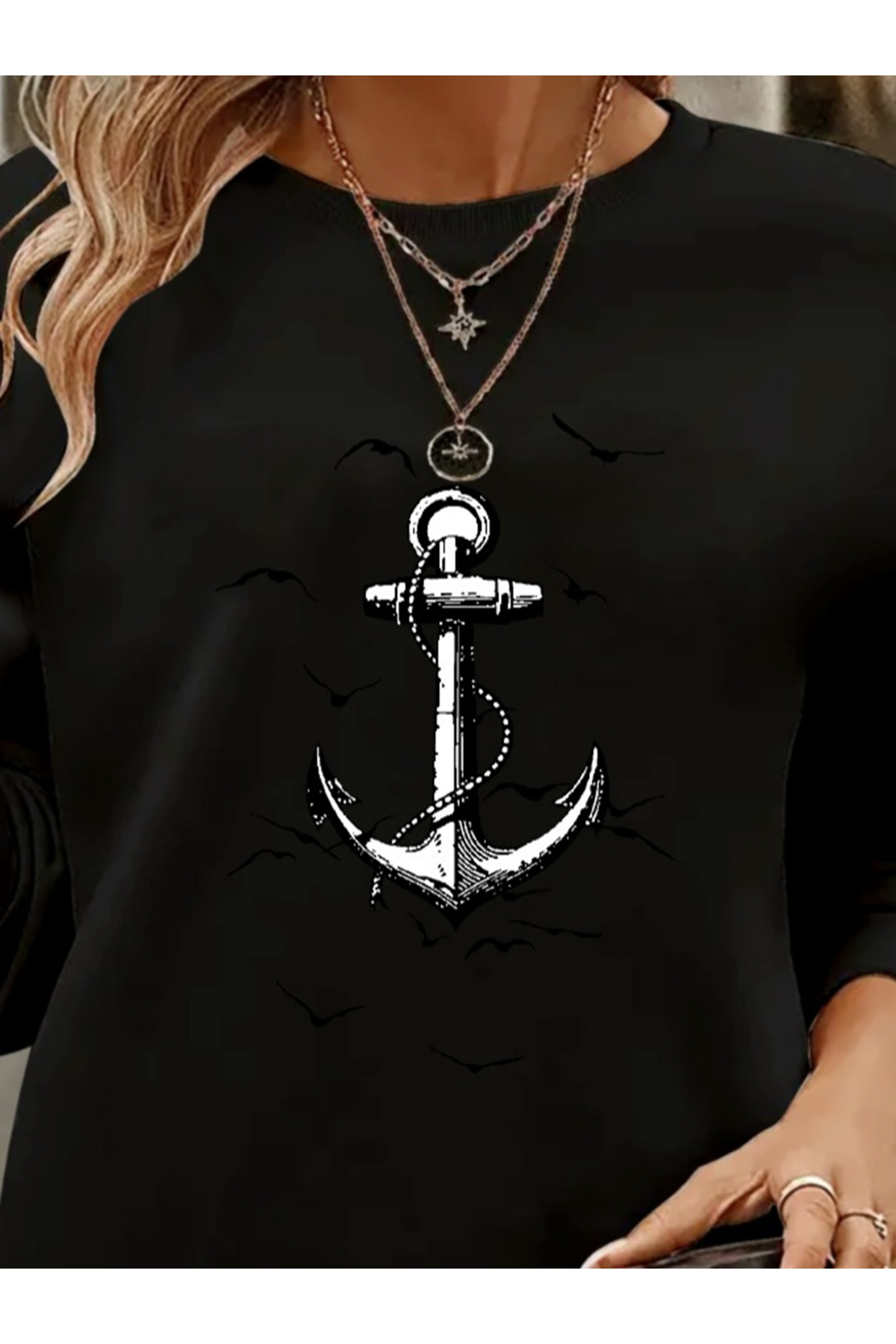 Kadın Uzun Kollu Bisiklet Yaka Desenli Viskon Iki Iplik Bluz