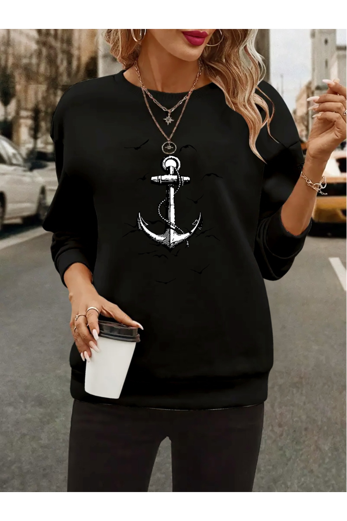 Kadın Uzun Kollu Bisiklet Yaka Desenli Viskon Iki Iplik Bluz