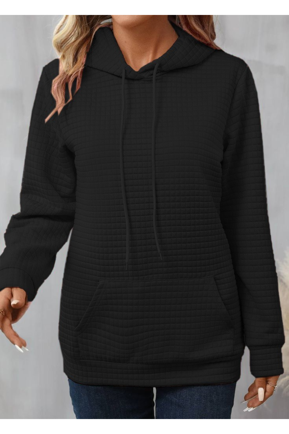 Kadın Uzun Kollu Kapşonlu Bağcıklı Cepli Capitone Sweatshirt