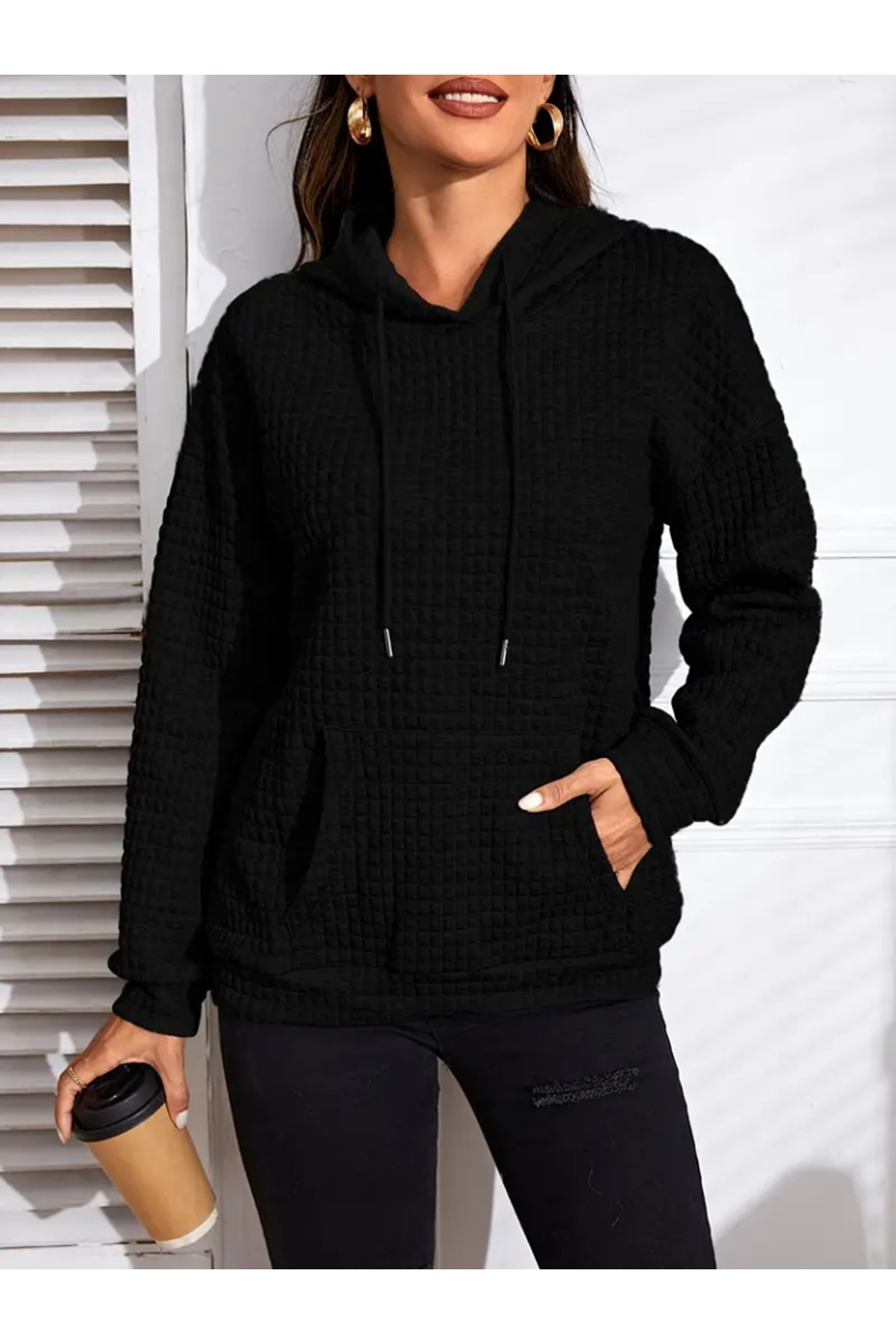 Kadın Uzun Kollu Kapşonlu Bağcıklı Cepli Capitone Sweatshirt