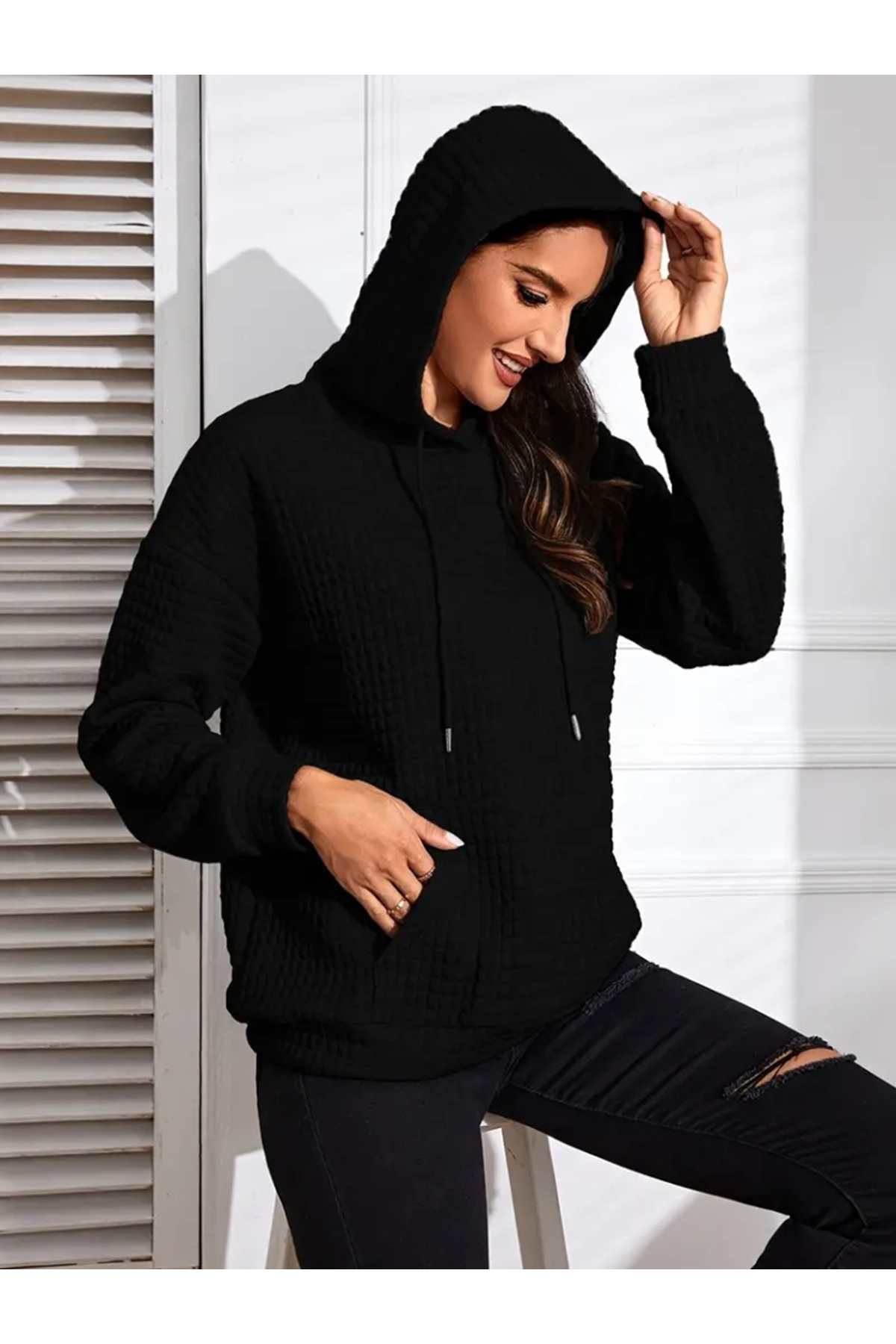 Kadın Uzun Kollu Kapşonlu Bağcıklı Cepli Capitone Sweatshirt