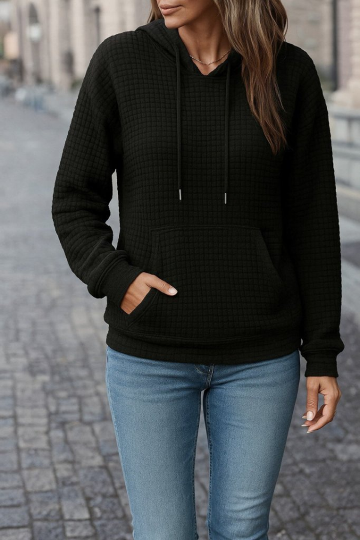 Kadın Uzun Kollu Kapşonlu Bağcıklı Cepli Capitone Sweatshirt