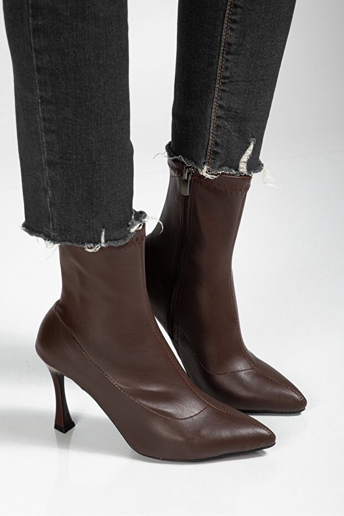 Orjen Kahverengi Cilt Streç Topuklu Bot