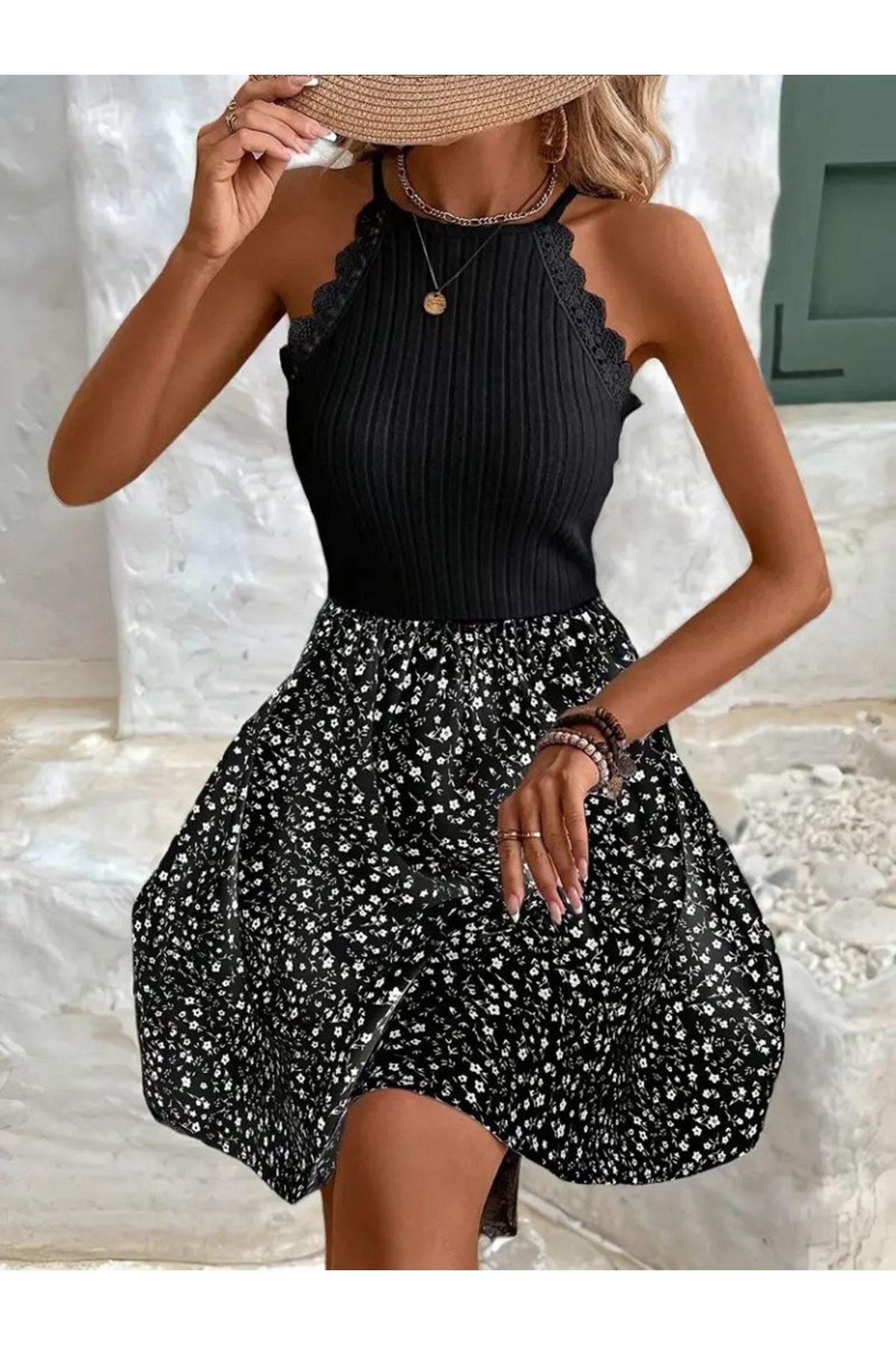 Kadın Omuzlardan Açık Reglan Kol Detaylı üst Fırfırlı Kaşkorse Alt Süprem Elbise