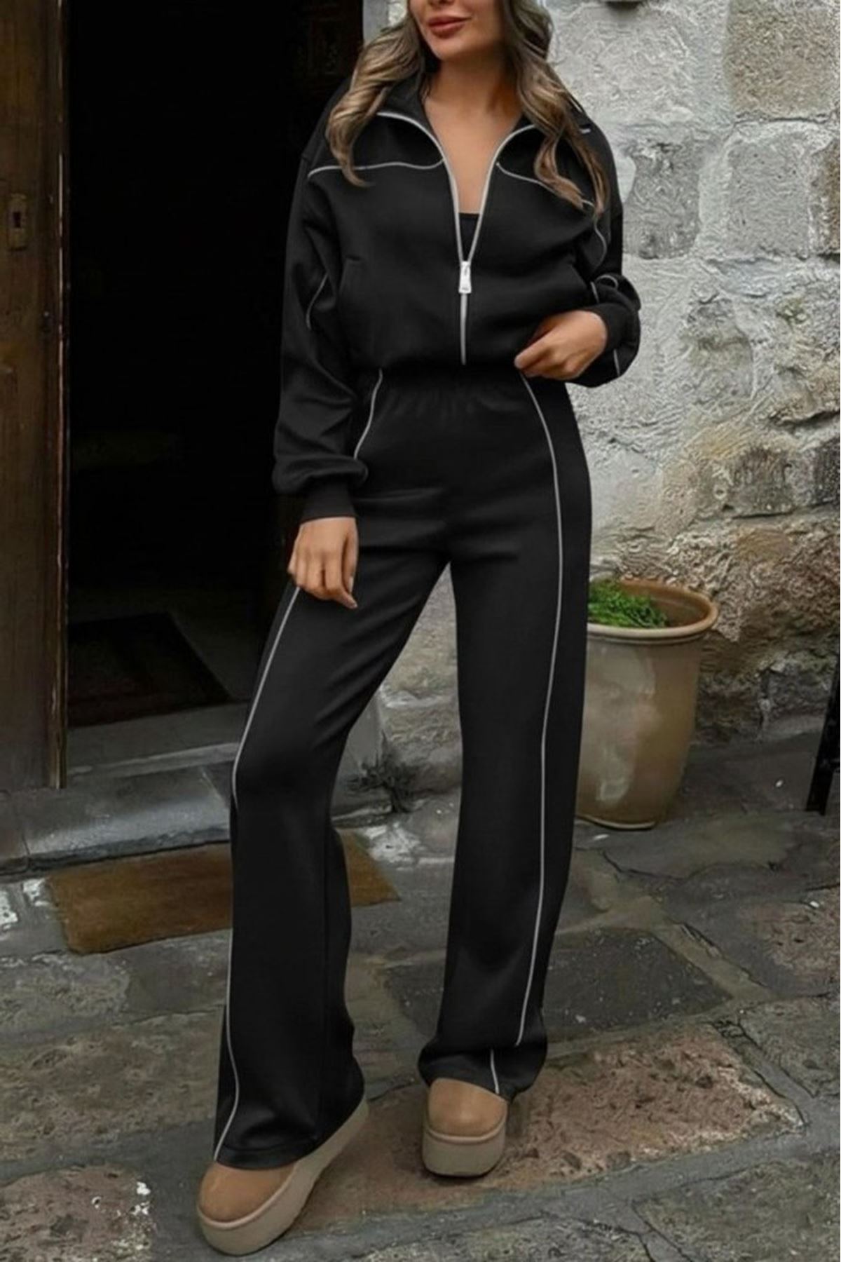 Kadın Uzun Kollu önden Fermuarlı Bluz Ve Pantolon Modal Ikili Takım