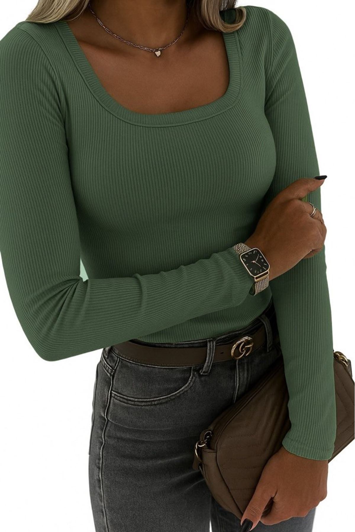 Kadın Uzun Kollu Derin Yuvarlak Yaka Kaşkorse Bluz