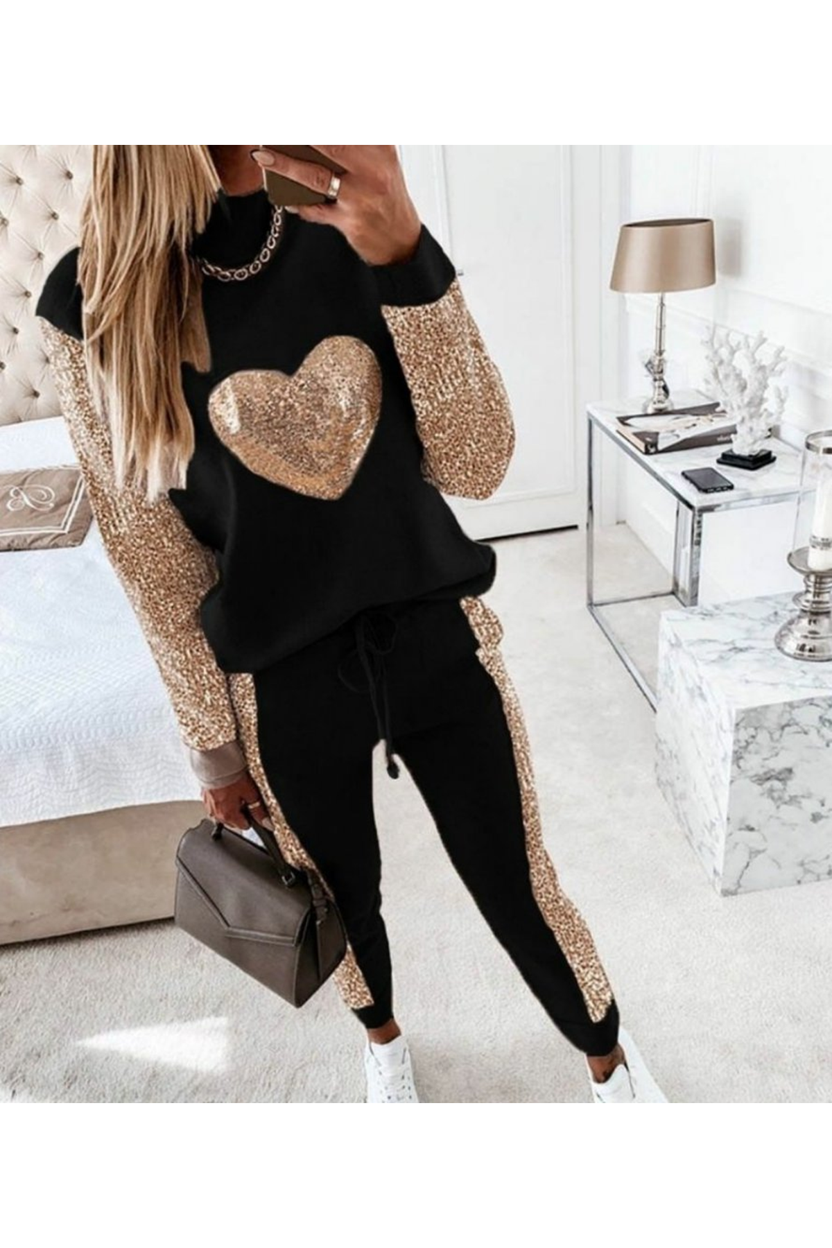 Kadın Uzun Kollu Yarım Balıkçı Yaka Pul Payet Detay Iki Iplik Ikili Takım