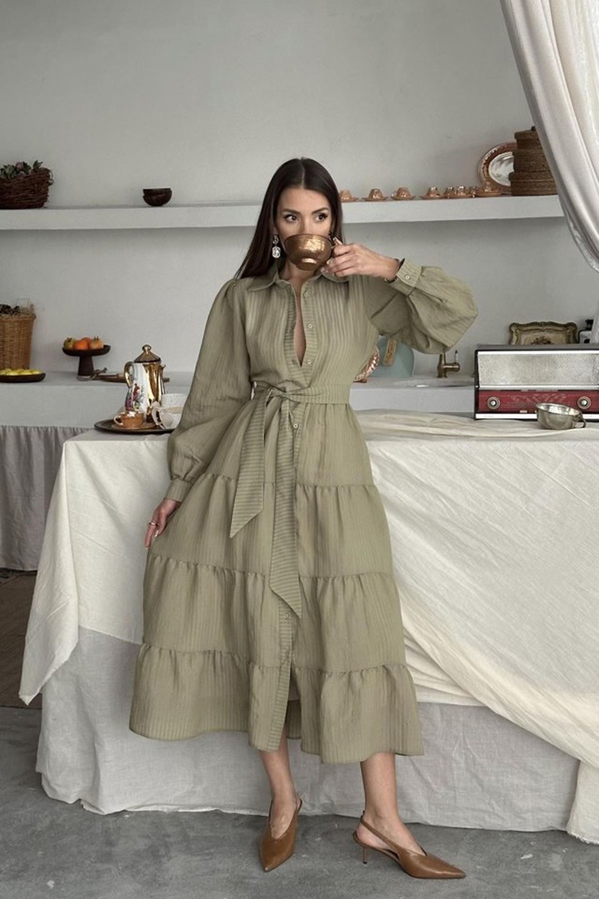 Çağla Çizgi Desenli Uzun Elbise