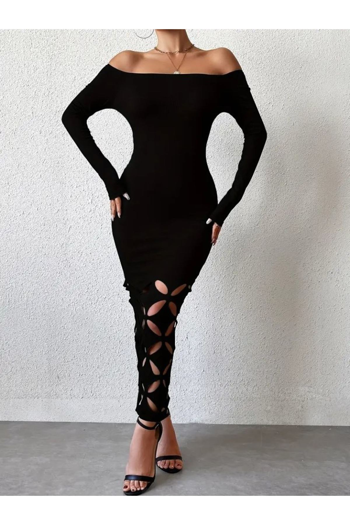 Kadın Madonna Yaka Uzun Kollu Lazer çiçek Kesim Detaylı Uzun Ithal Krep Elbise