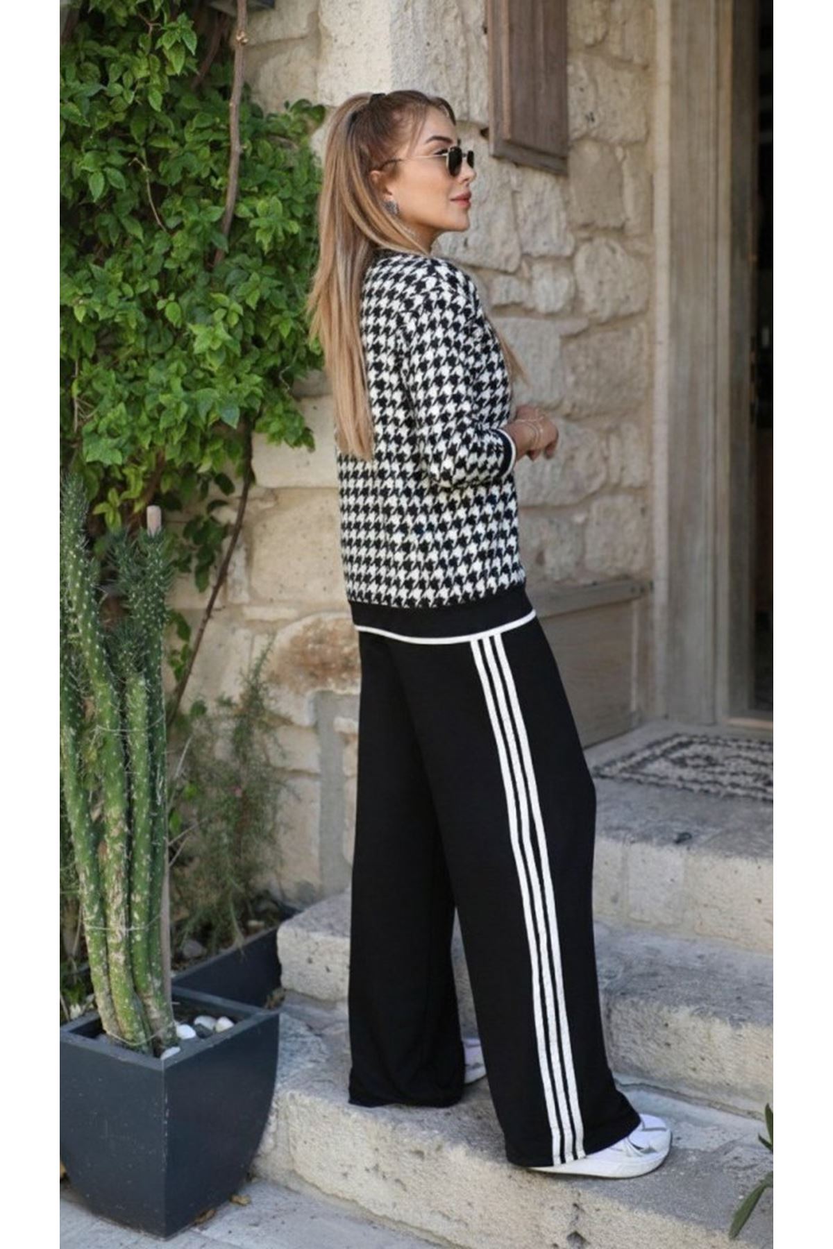 Kadın Uzun Kollu Bisiklet Yaka Kazayağı Desenli Iki Iplik Bluz Ve Viskon Iki Iplik Pantolon Ikili Takım