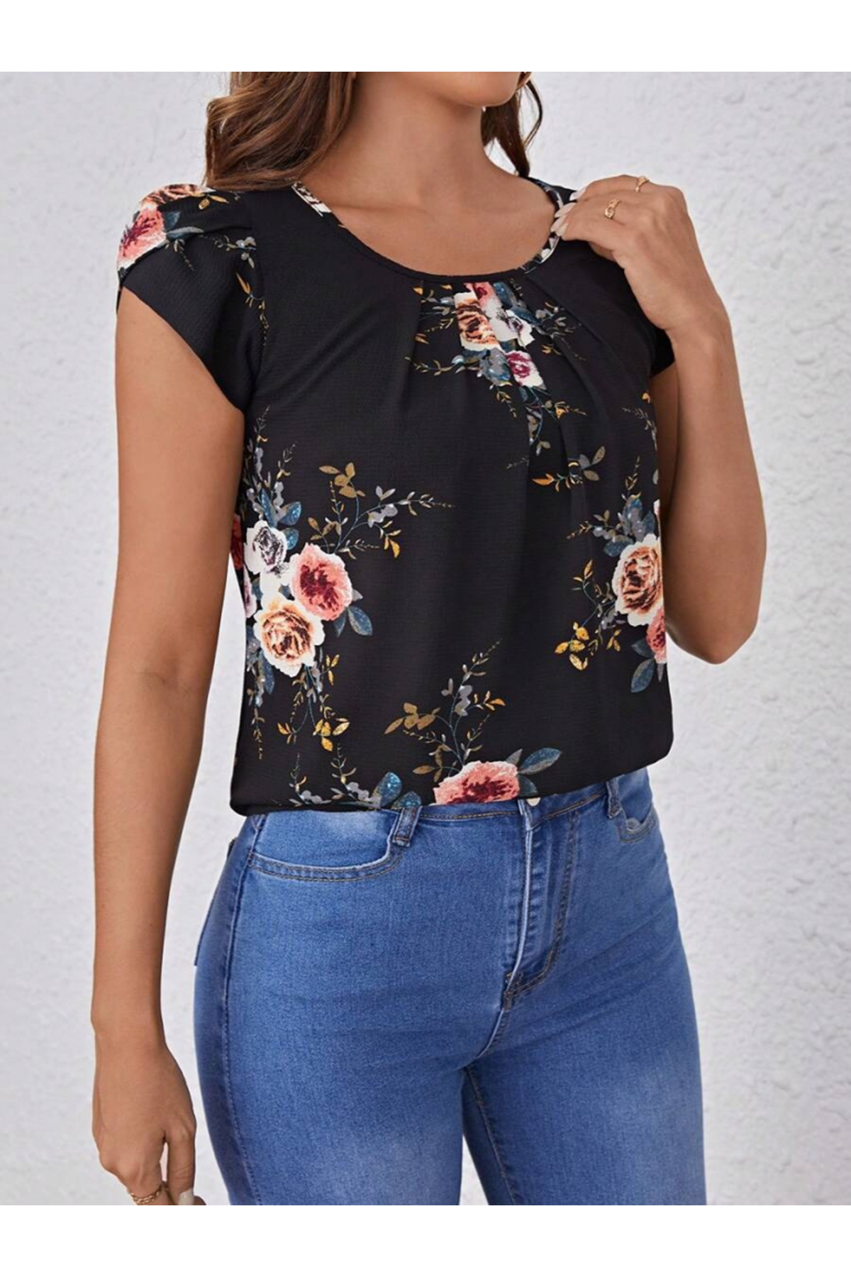 Kadın Kısa Kollu Bisiklet Yaka çiçek Baskılı Süprem Bluz