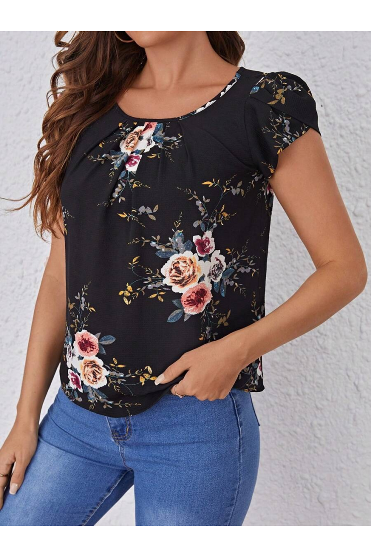 Kadın Kısa Kollu Bisiklet Yaka çiçek Baskılı Süprem Bluz