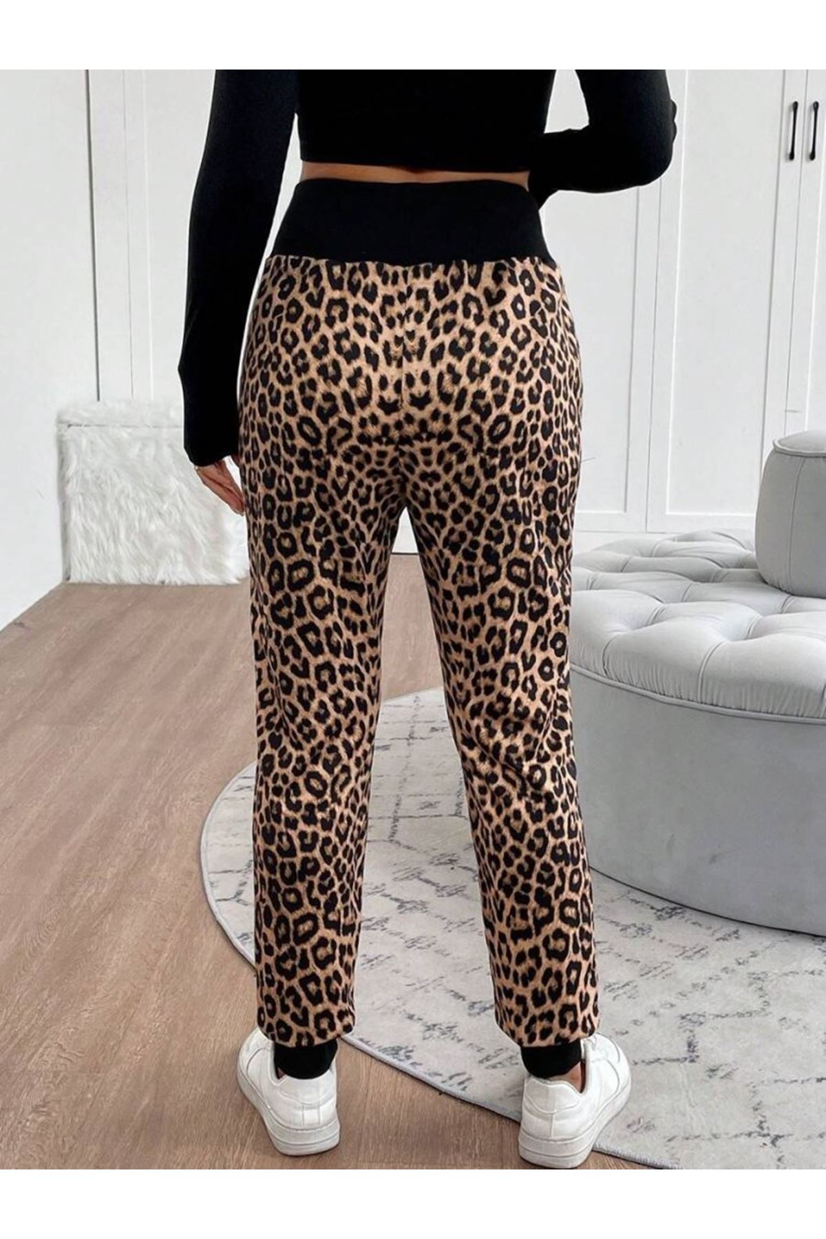 Kadın Yüksek Bel Bağcıklı Desenli Iki Iplik Pantolon