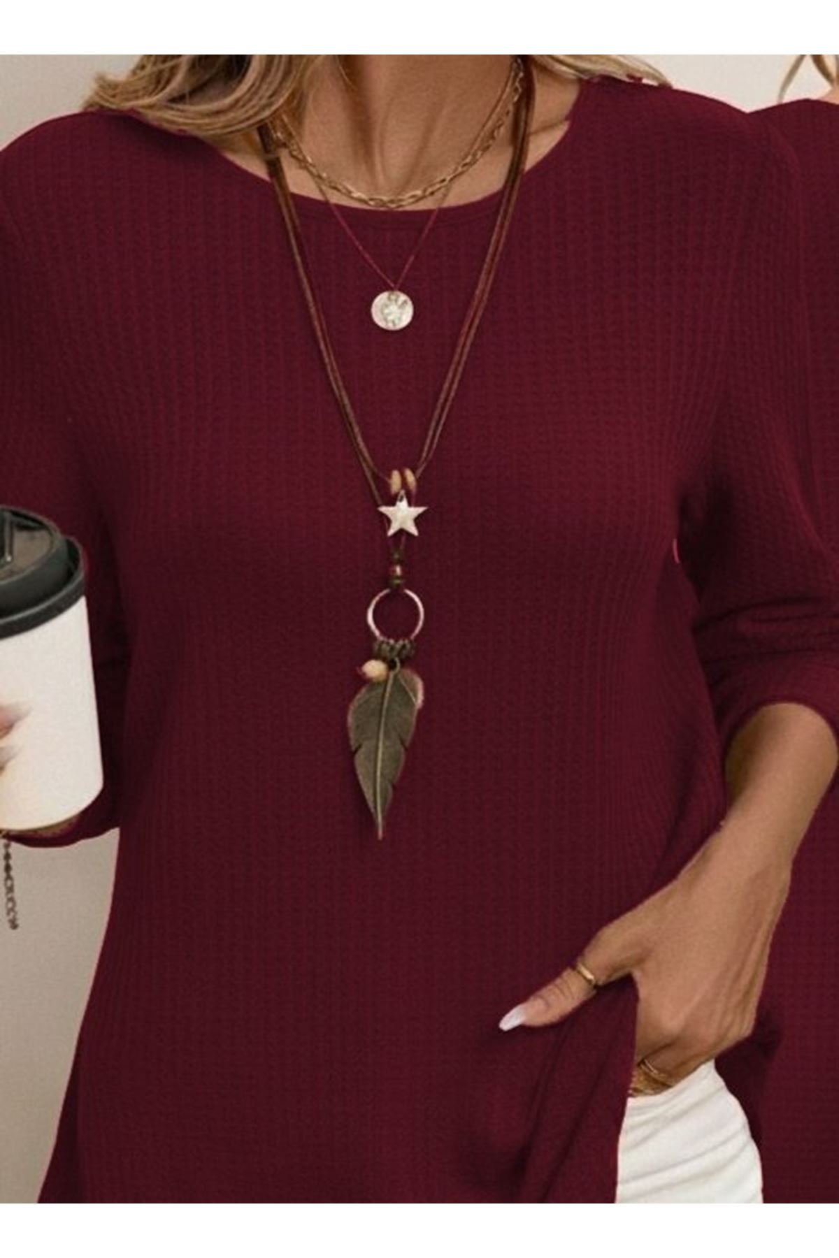 Kadın Uzun Kollu Yuvarlak Yaka Arkadan Düğmeli Waffle Bluz