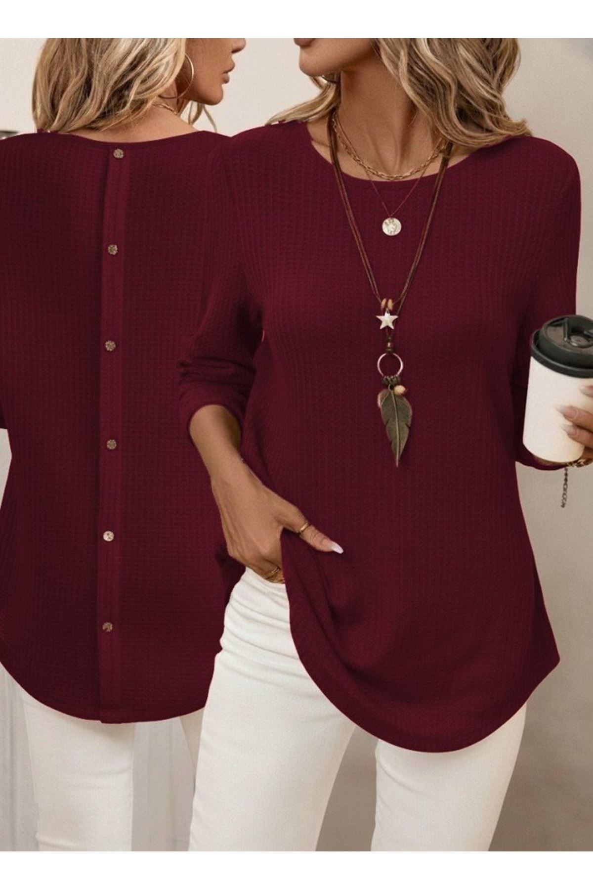 Kadın Uzun Kollu Yuvarlak Yaka Arkadan Düğmeli Waffle Bluz