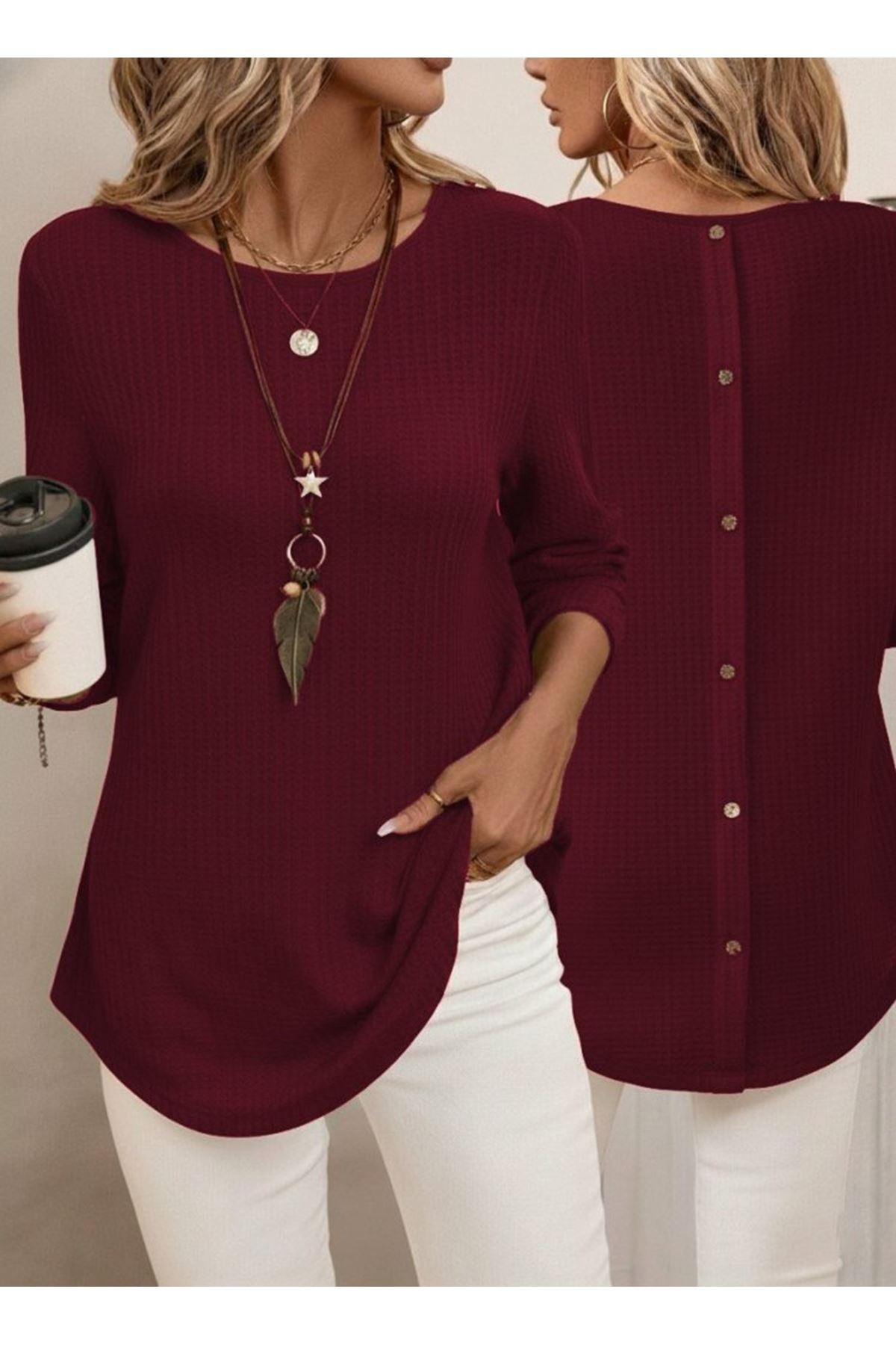 Kadın Uzun Kollu Yuvarlak Yaka Arkadan Düğmeli Waffle Bluz