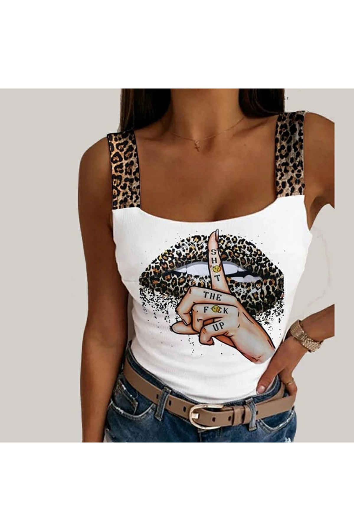 Kadın Leopar Askılı Leopar Baskılı Mikro Kumaş Bluz