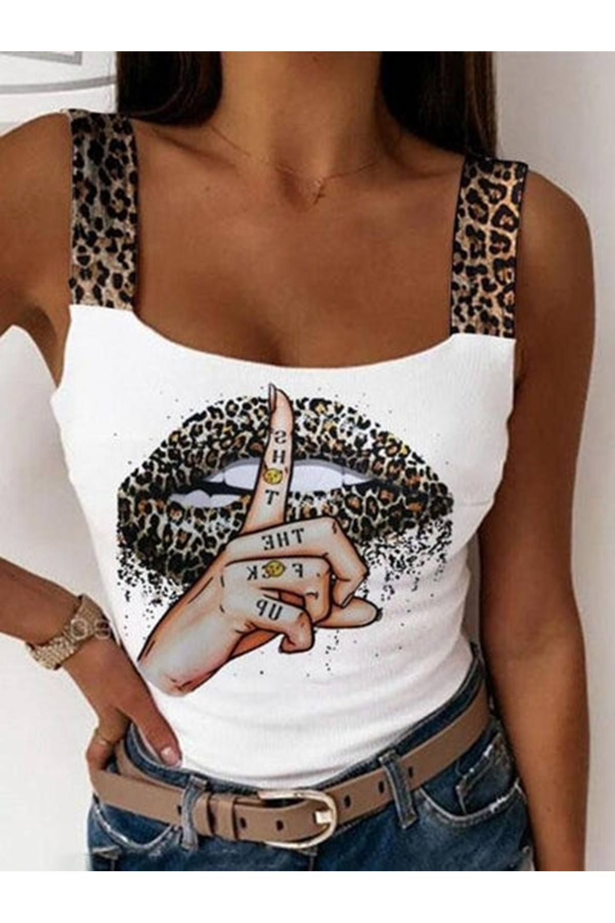 Kadın Leopar Askılı Leopar Baskılı Mikro Kumaş Bluz