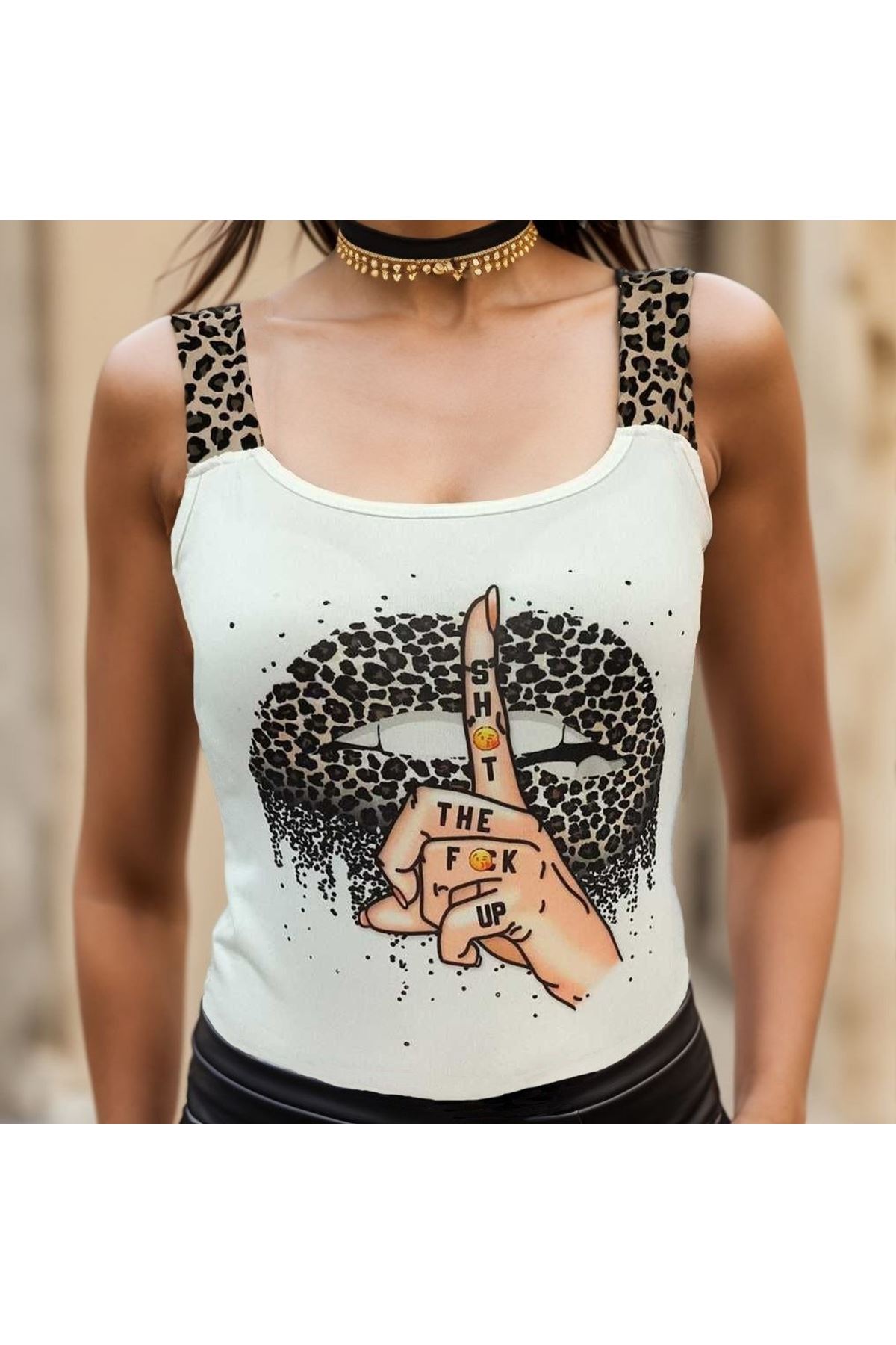 Kadın Leopar Askılı Leopar Baskılı Mikro Kumaş Bluz