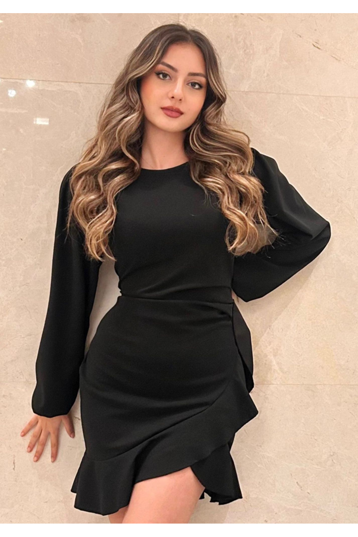 Kadın Uzun Kollu Bisiklet Yaka önden Volanlı Ithal Krep Elbise