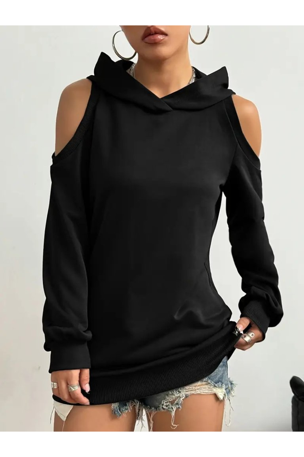Kadın Uzun Kollu Kapşonlu Omuzlardan Açık Viskon Iki Iplik Bluz