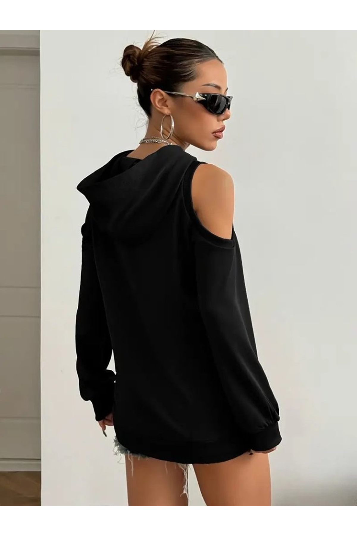 Kadın Uzun Kollu Kapşonlu Omuzlardan Açık Viskon Iki Iplik Bluz