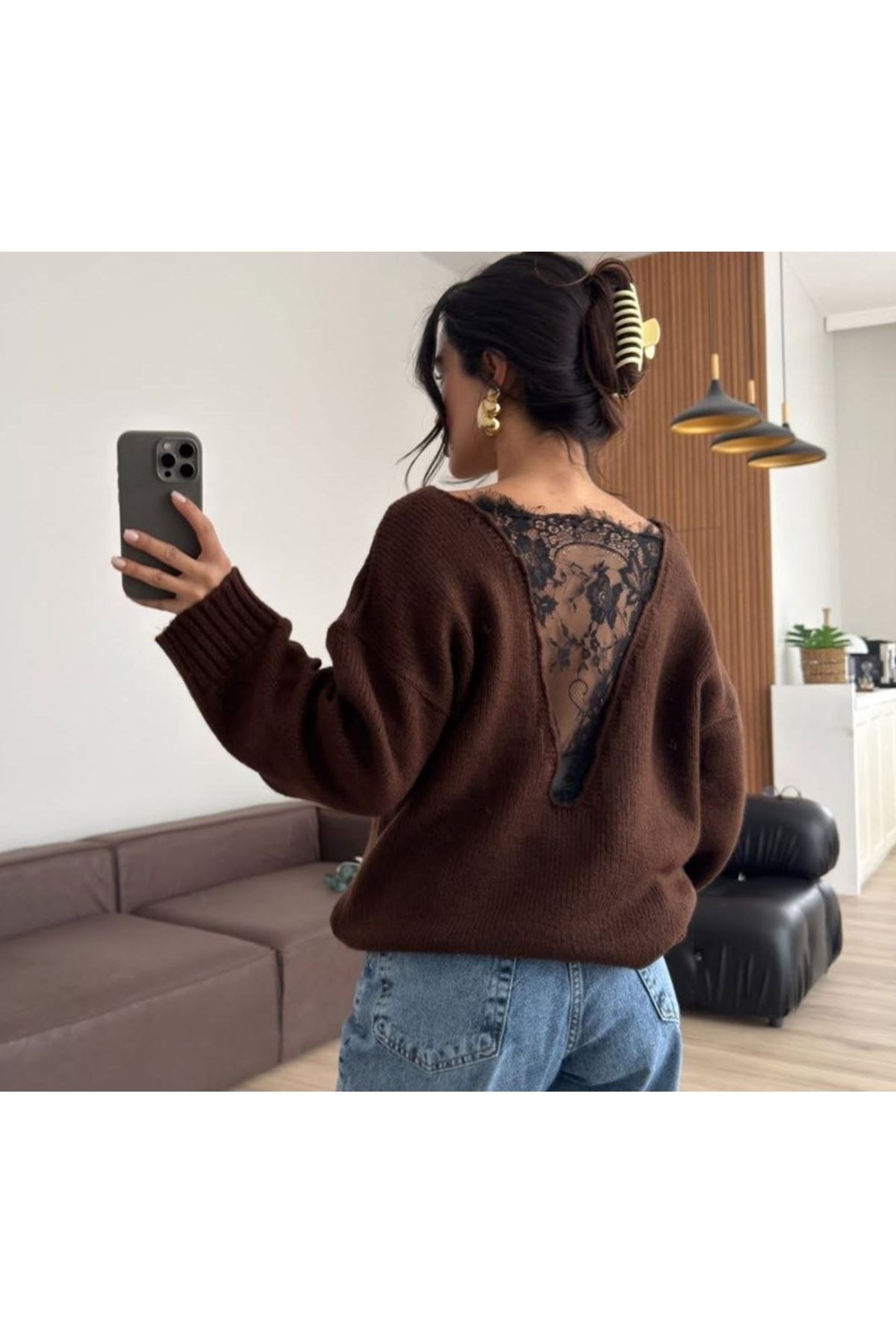 Kadın Sırtı Dantel Transparan Detay Triko Kazak