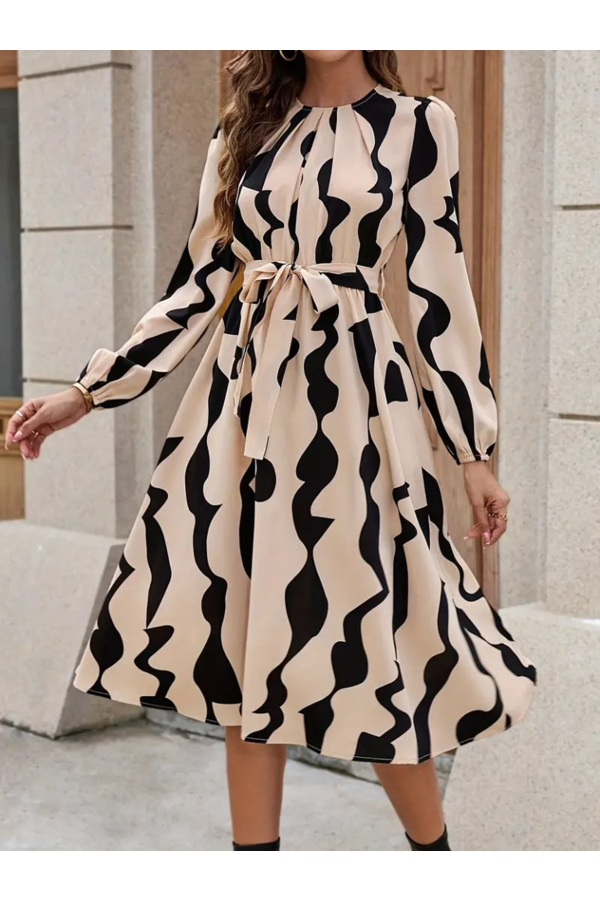 Kadın Uzun Kollu Bisiklet Yaka Belden Bağlamalı Desenli Belden Kuşaklı Mikro Süprem Midi Elbise