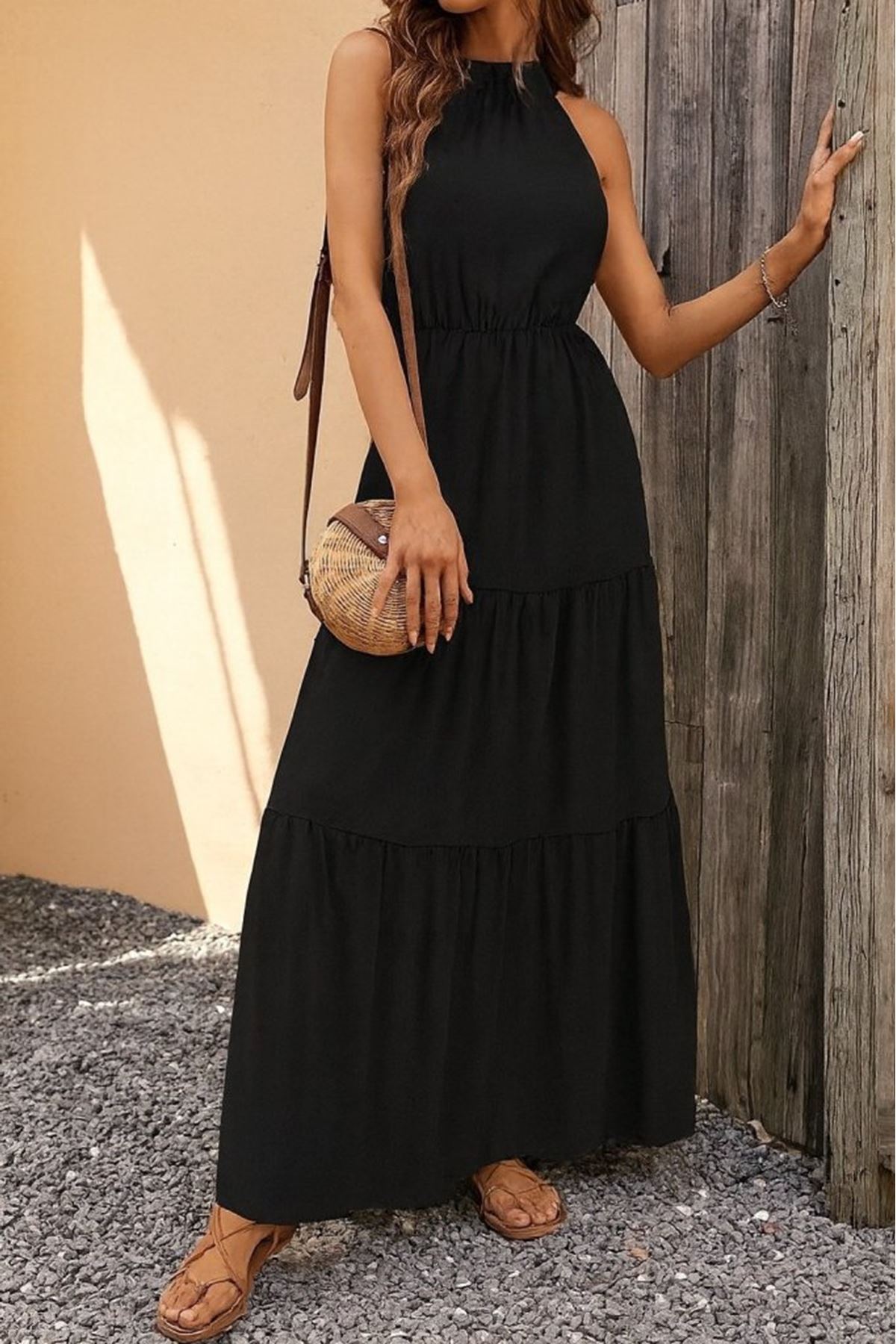 Kadın Kolsuz Halter Yaka Beli Lastiklidesenli Mikro Elbise