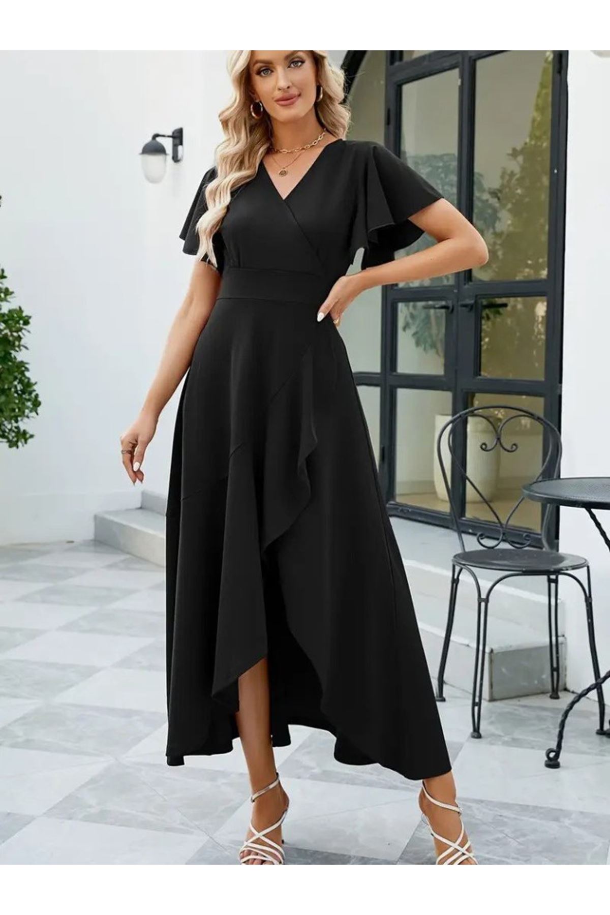 Kadın Kısa Kollu Kruvaze Yakalı önden Volanlı çapraz Kesim Detaylı Maksi Boy Ithal Krep Elbise