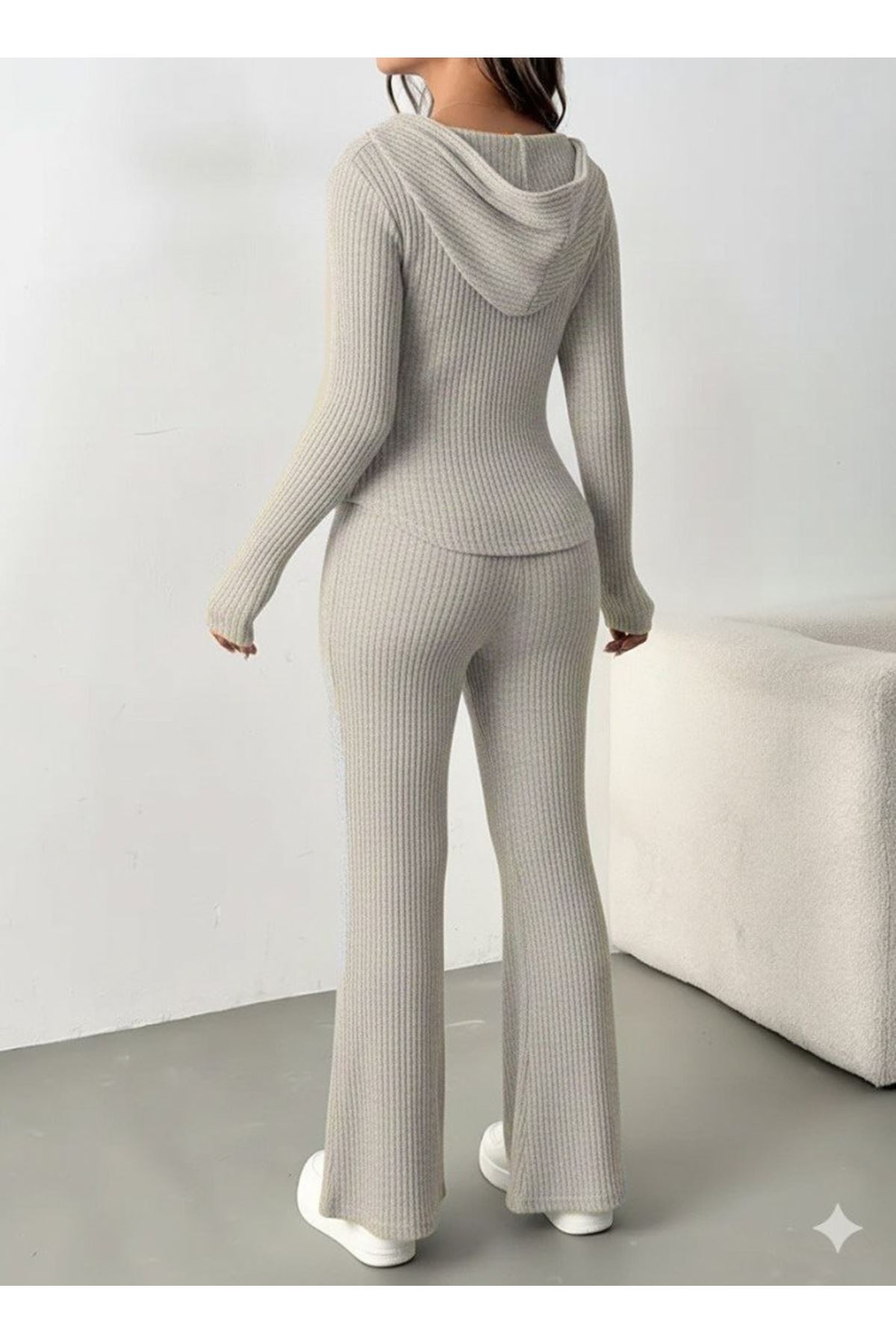 Kadın Uzun Kollu Kapşonlu önden Fermuarlı Kaşkorse Bluz Ve Pantolon Ikili Takım