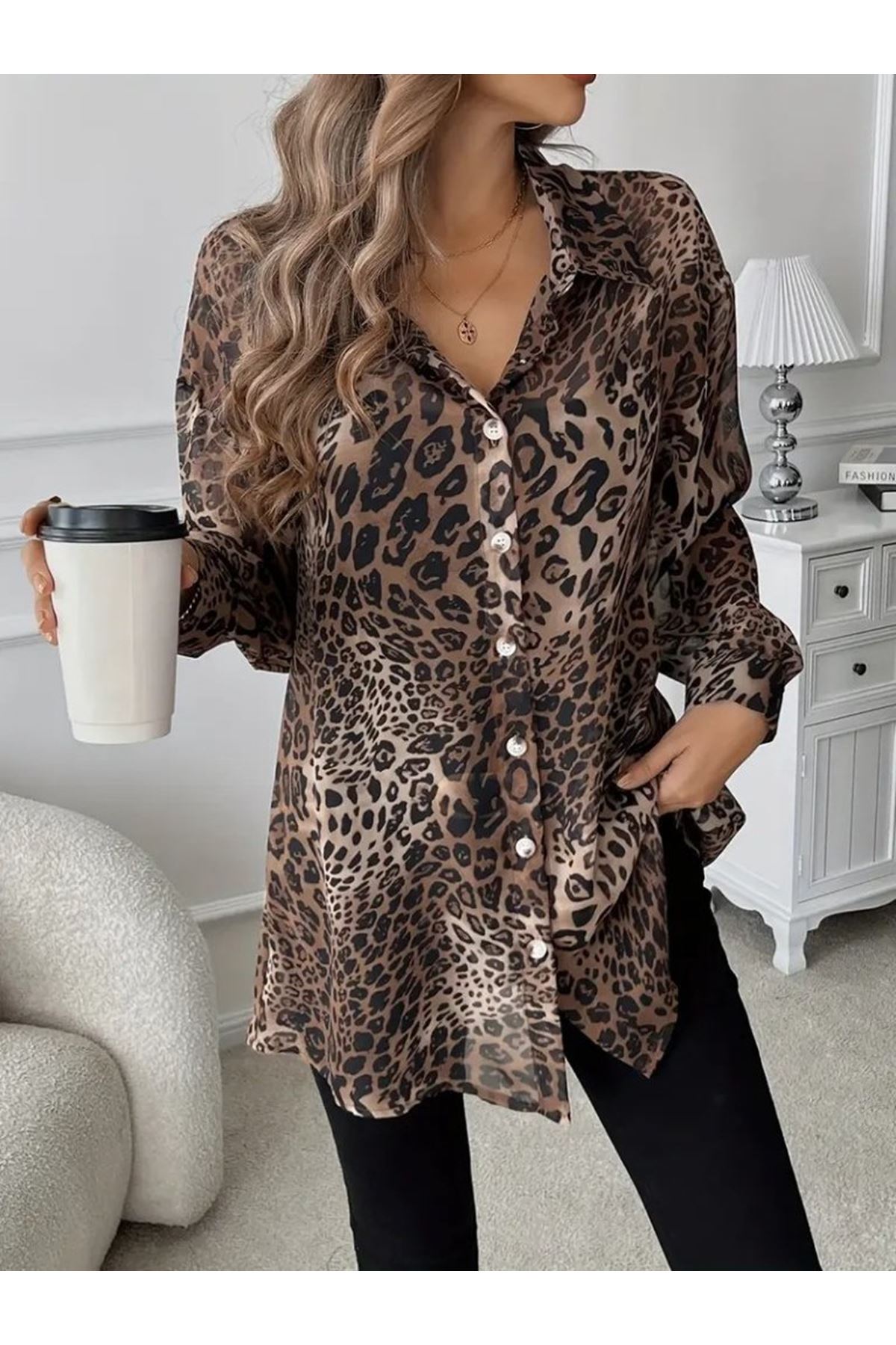 Kadın Uzun Kollu Yakalı önden Düğmeli şifon Gömlek