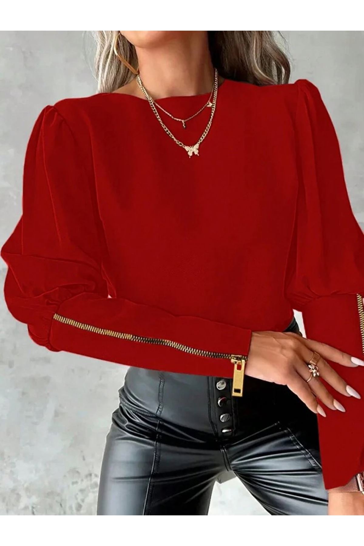 Kadın Uzun Kollu Bisiklet Yaka Fermuar Detaylı Ithal Krep Bluz