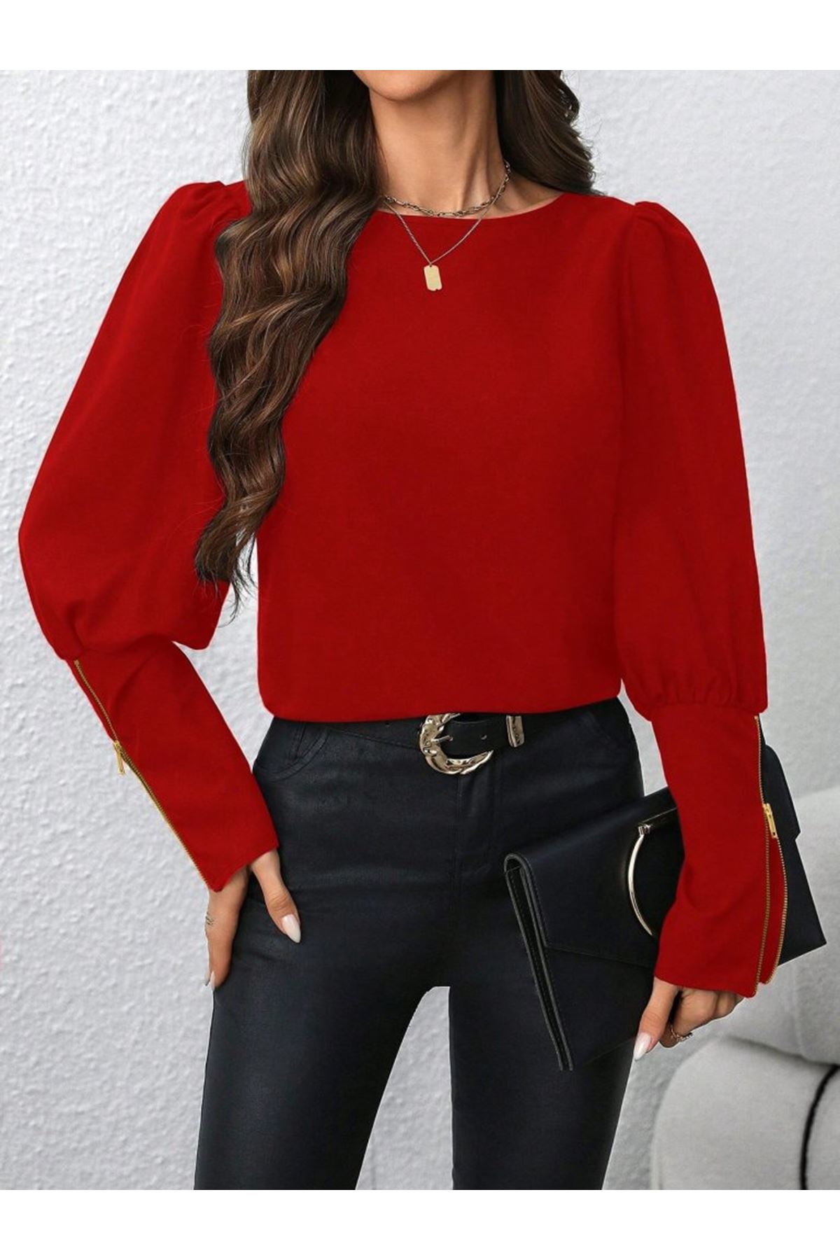 Kadın Uzun Kollu Bisiklet Yaka Fermuar Detaylı Ithal Krep Bluz