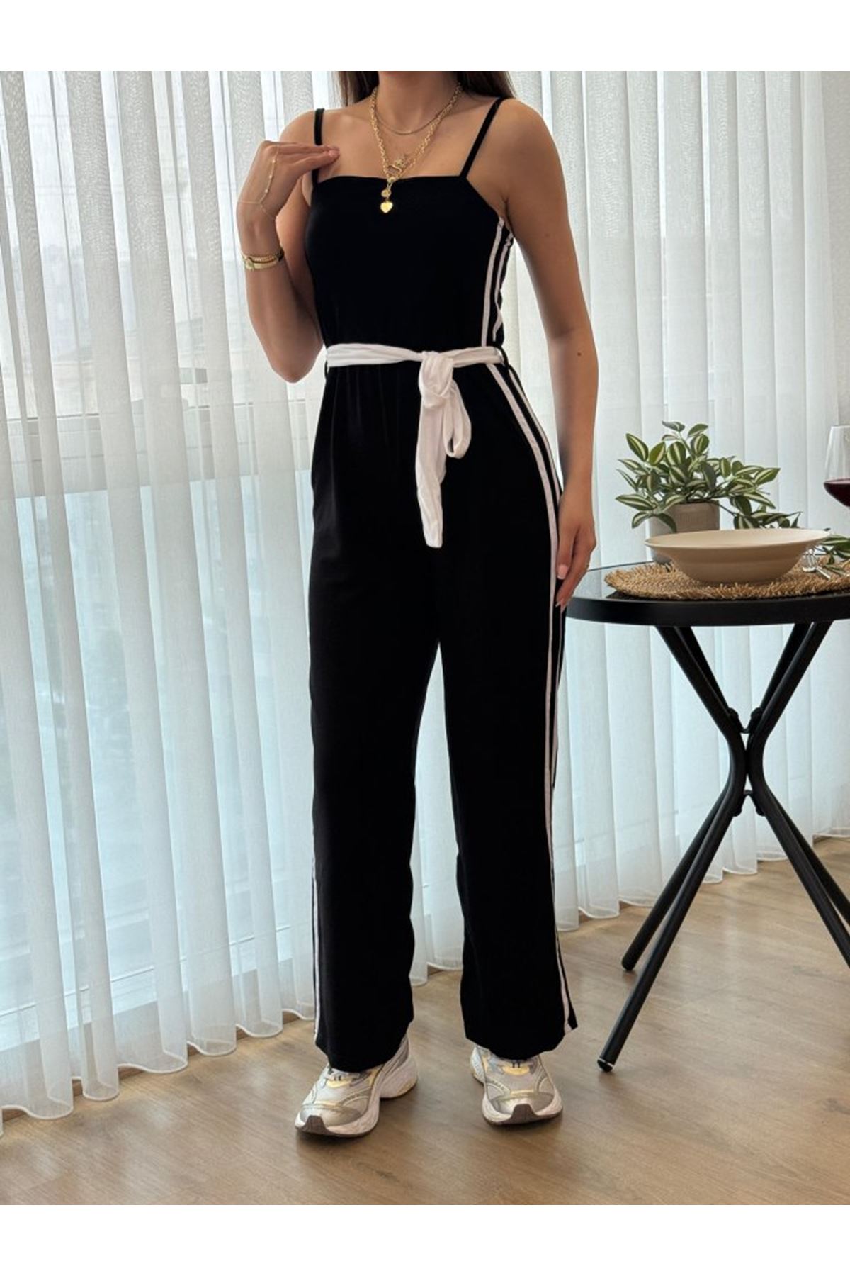 Kadın Ip Askılı Straplez Belden Kuşaklı Viskon Iki Iplik Tulum