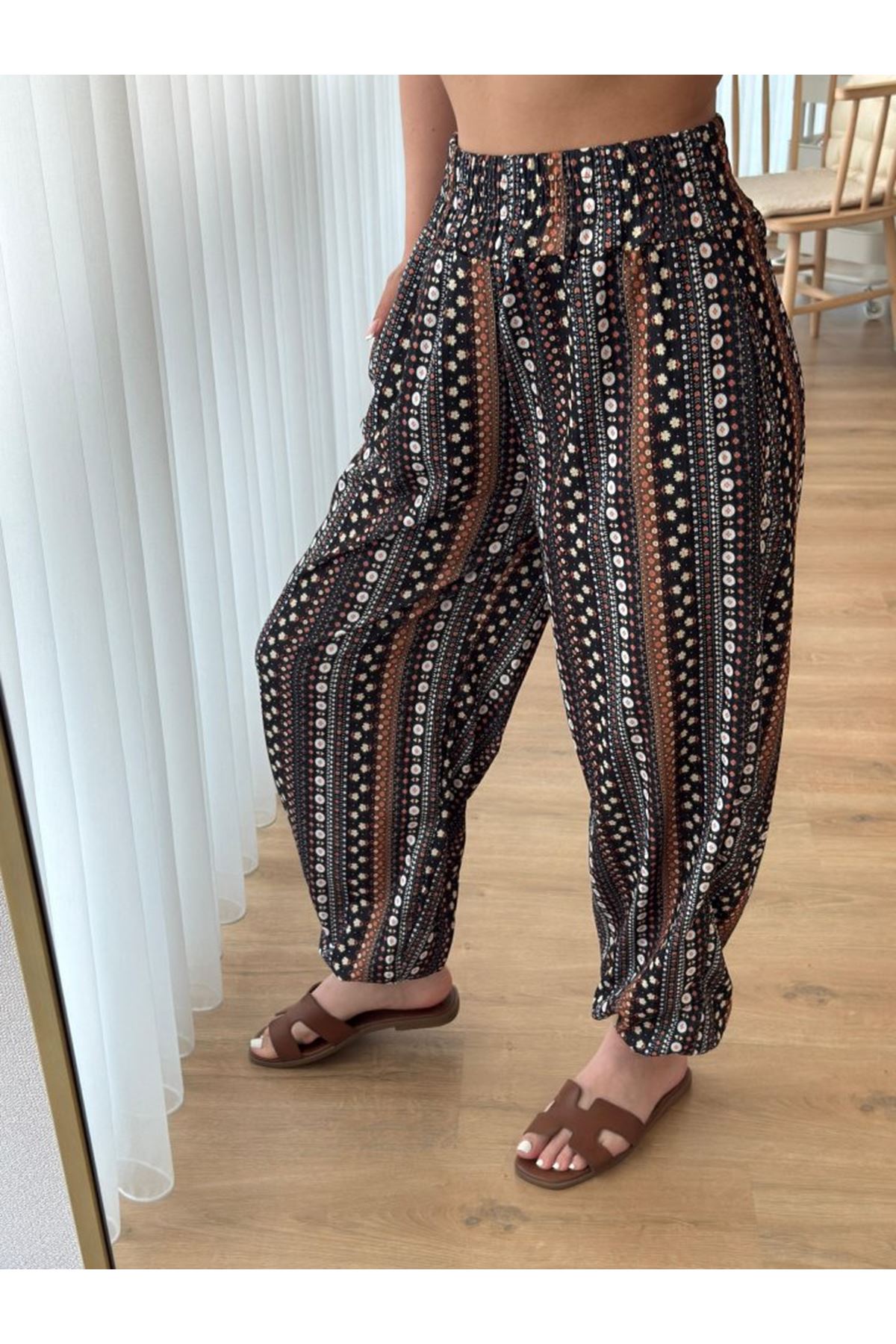 Kadın Yüksek Bel Etnik Desenli Geniş Dökümlü Bürümcük Pantolon