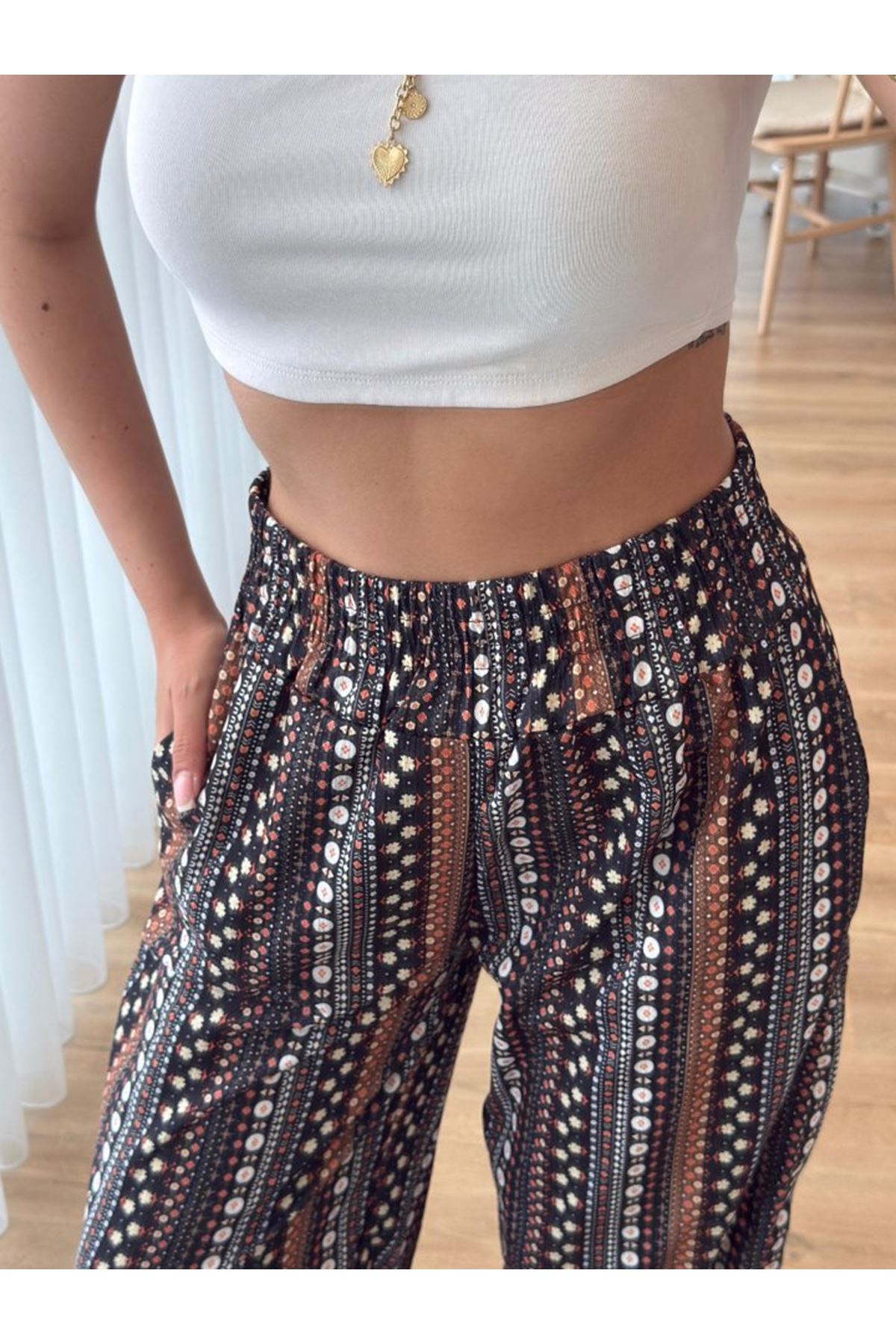 Kadın Yüksek Bel Etnik Desenli Geniş Dökümlü Bürümcük Pantolon