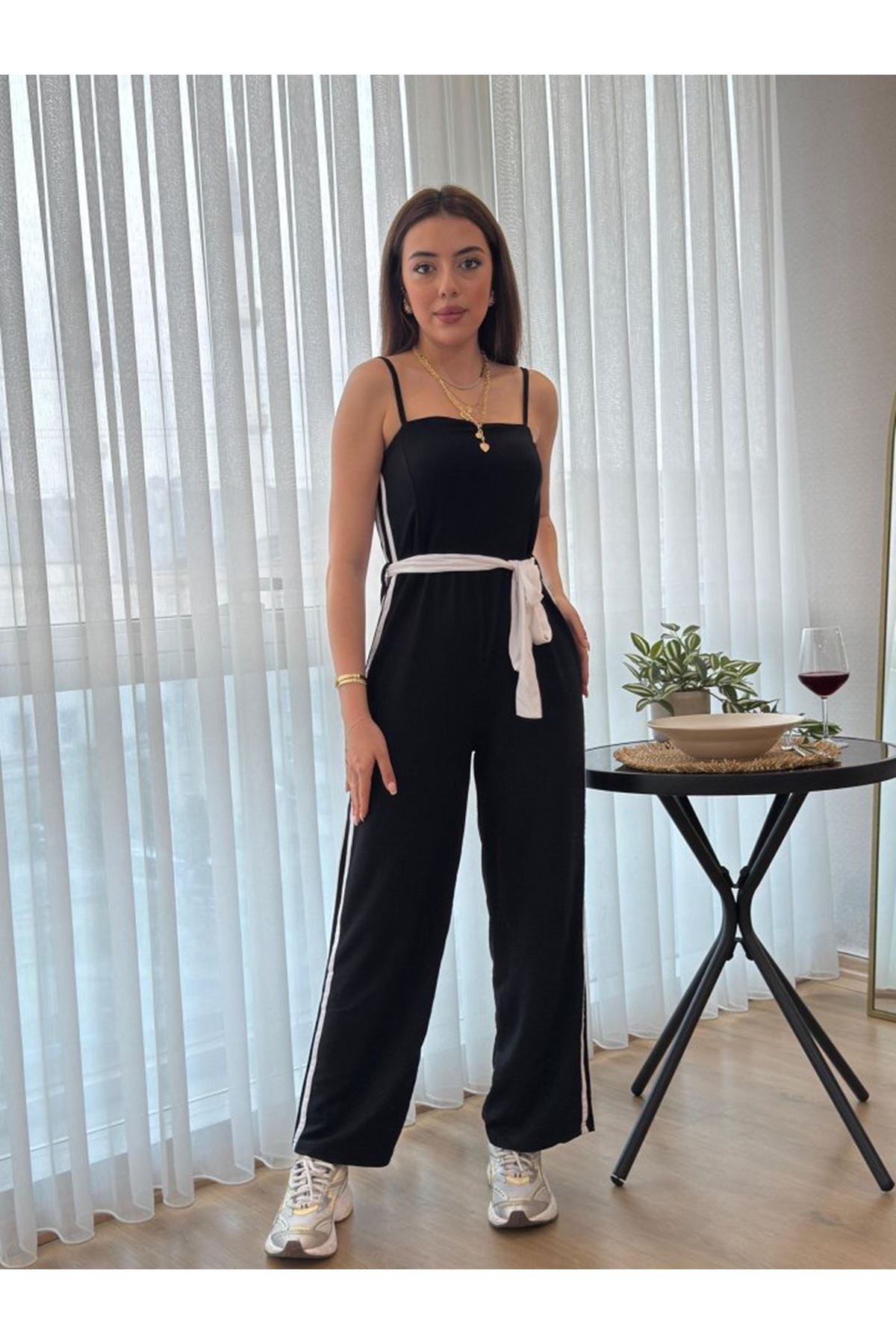 Kadın Ip Askılı Straplez Belden Kuşaklı Viskon Iki Iplik Tulum