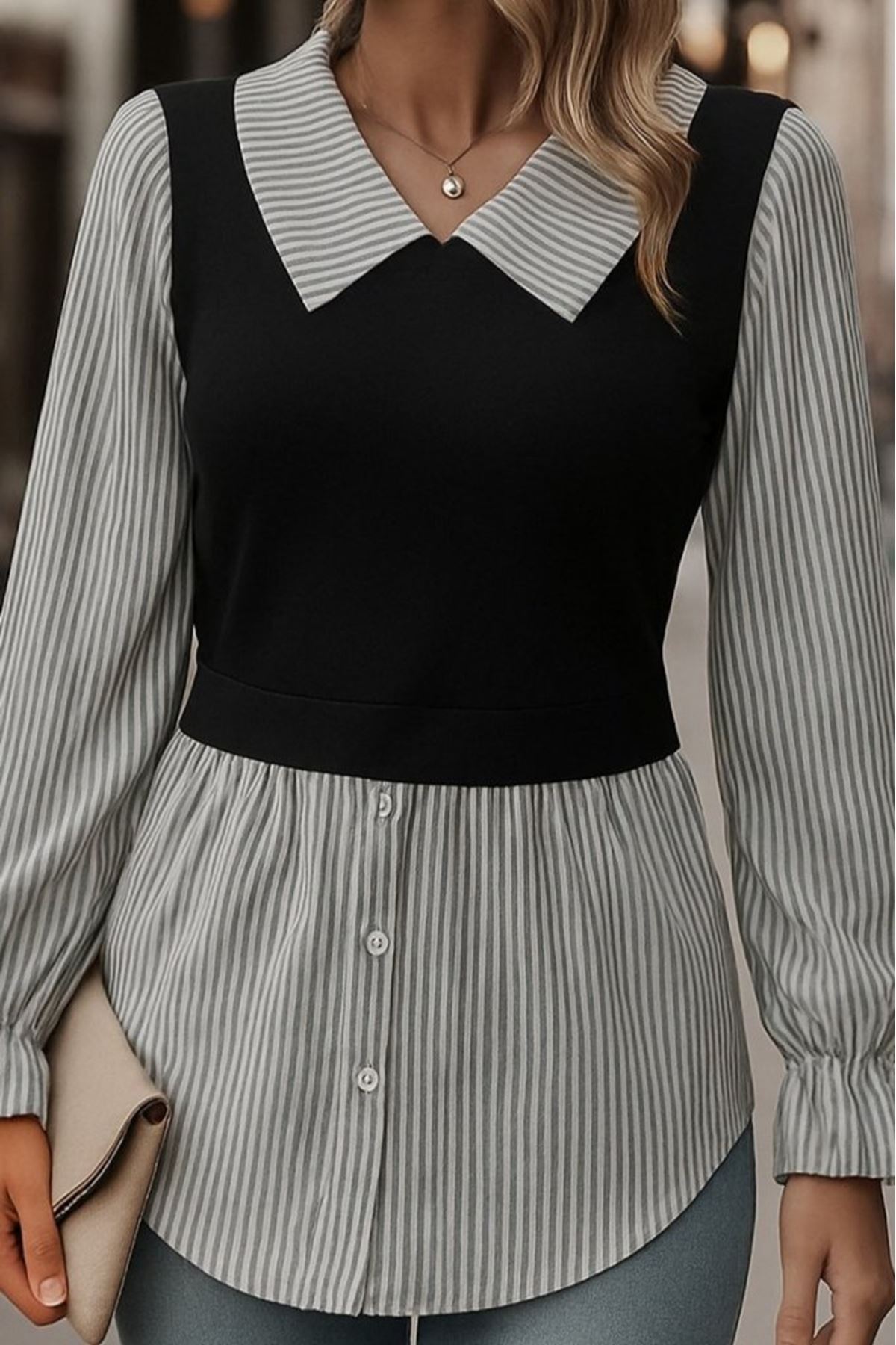 Kadın Uzun Kollu Yakalı önden Düğmeli Ottoman Bluz