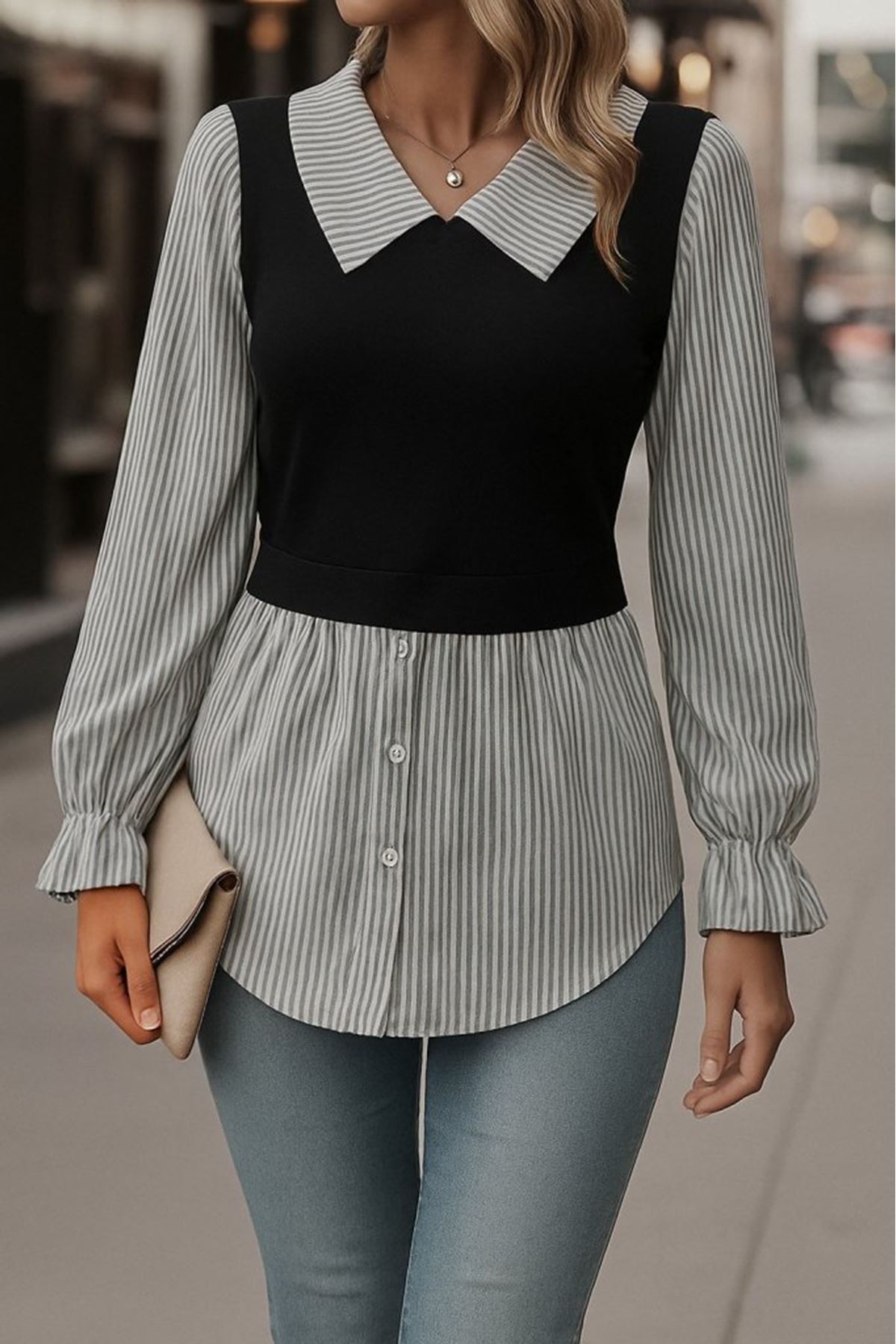 Kadın Uzun Kollu Yakalı önden Düğmeli Ottoman Bluz