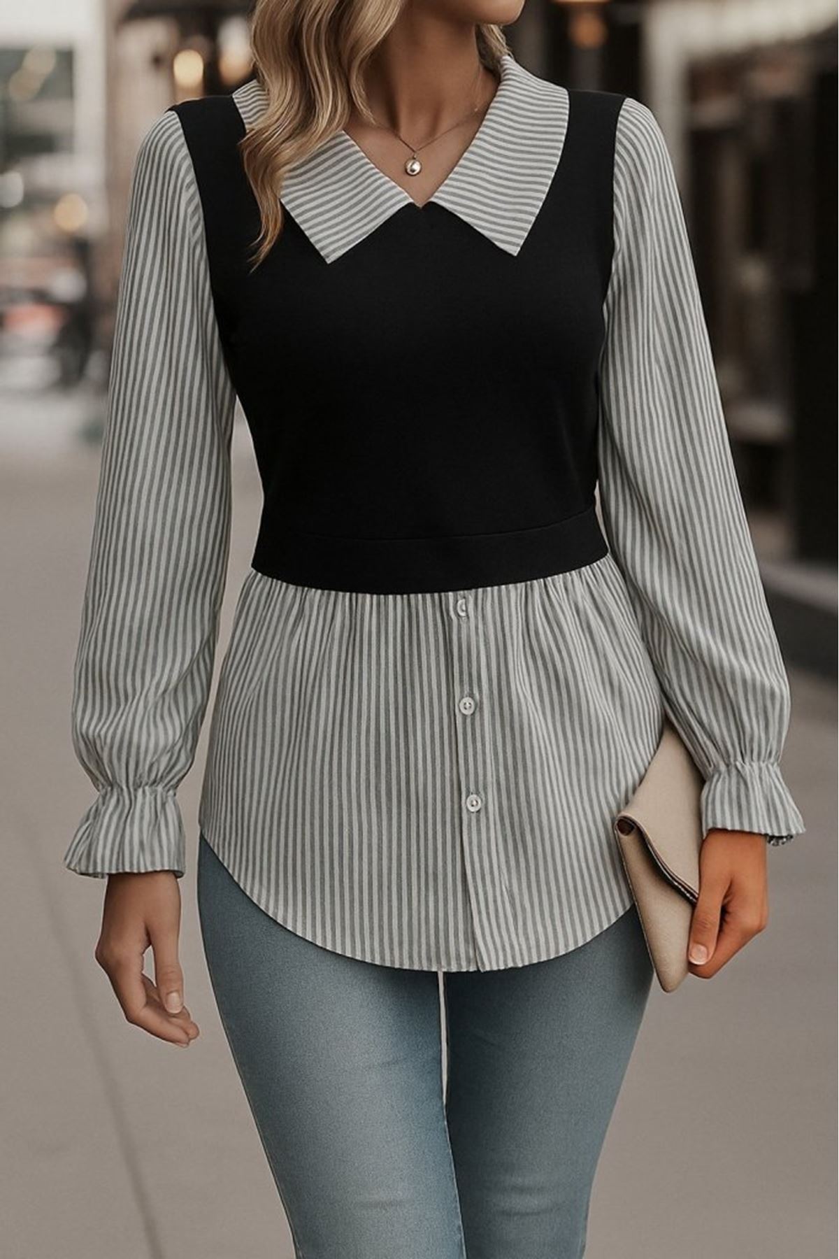 Kadın Uzun Kollu Yakalı önden Düğmeli Ottoman Bluz