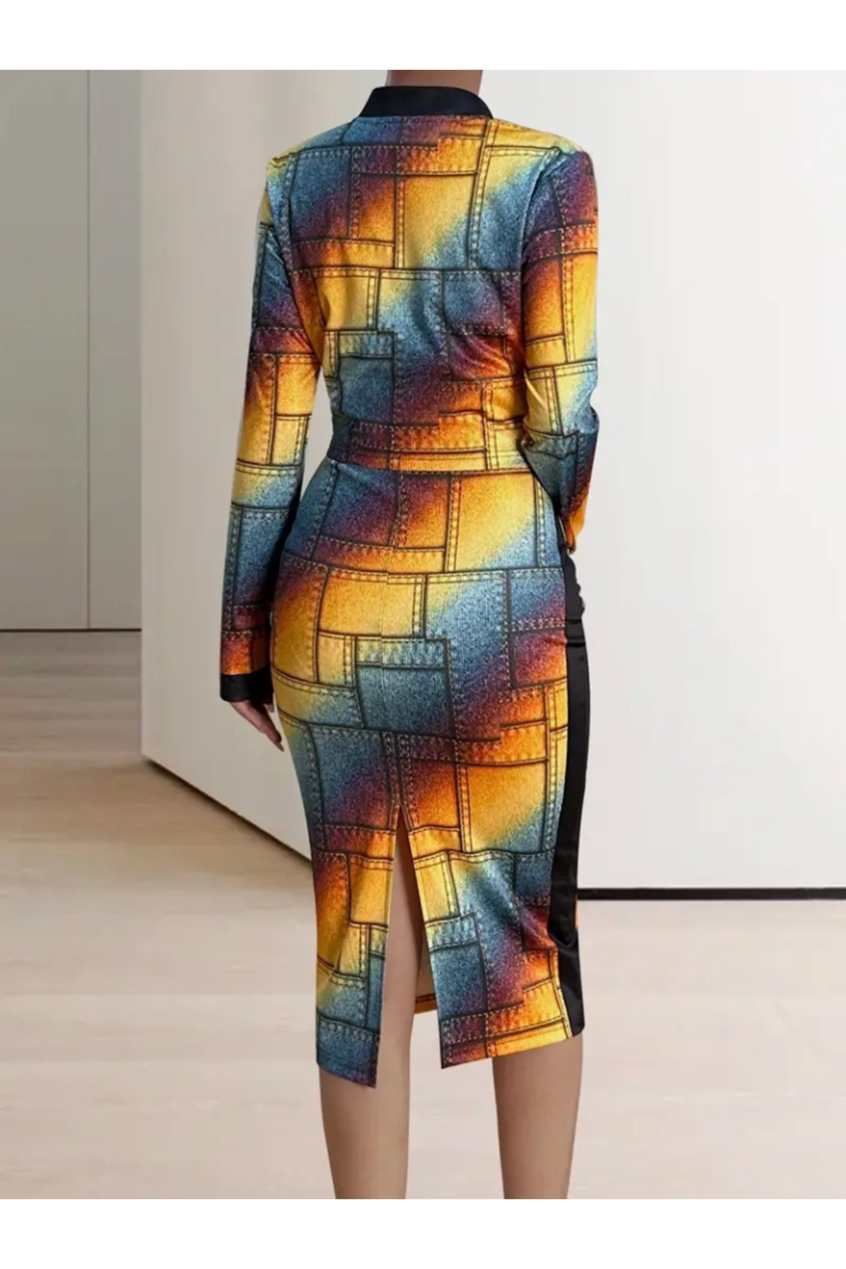 Kadın Uzun Kollu Askılı Yuvarlak Yaka Desenli Dalgıç Bluz Ceket Ve Etek üçlü Takım